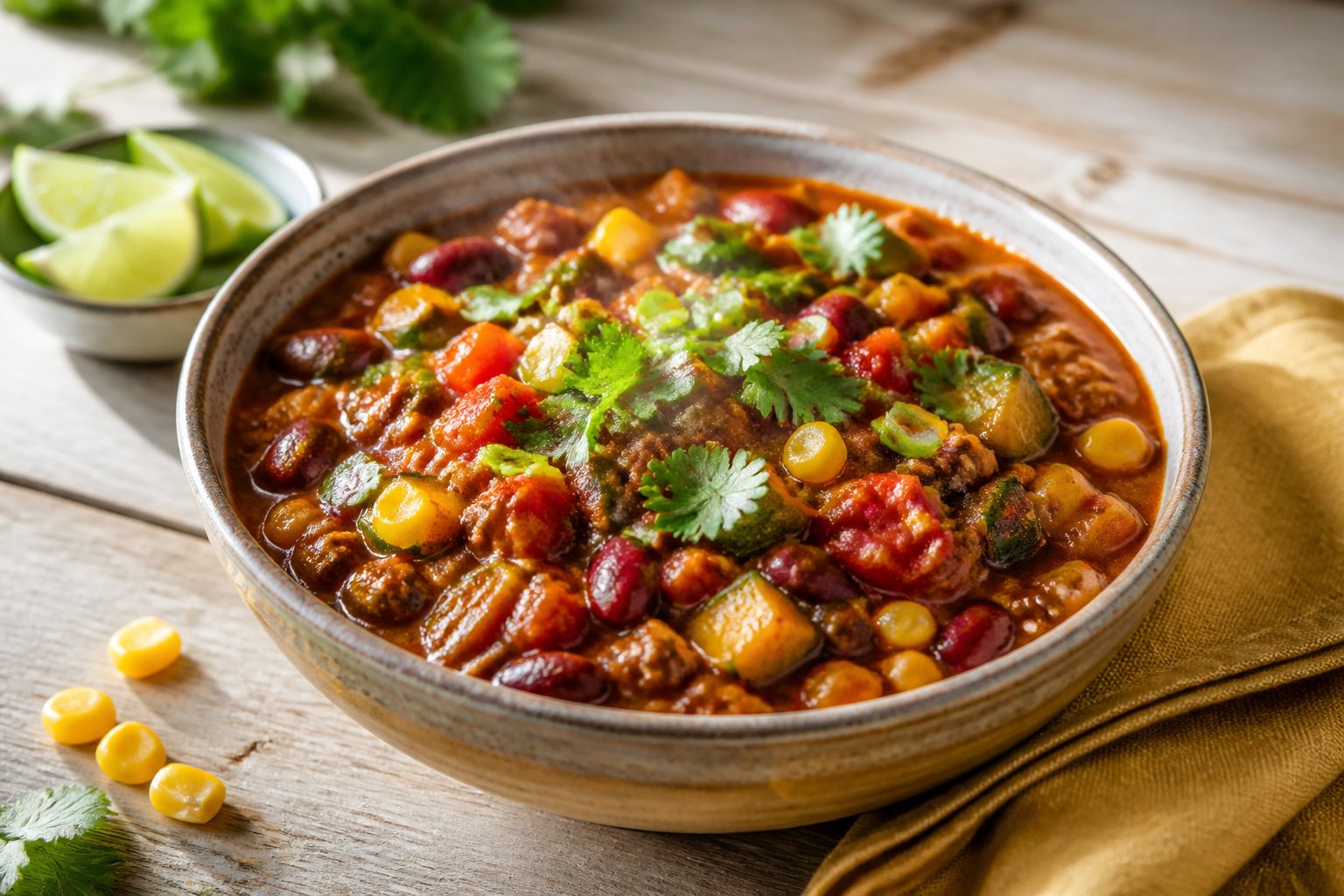 A bowl of beef chili with corn, zucchini, beans, and fresh herbs on a wooden table.