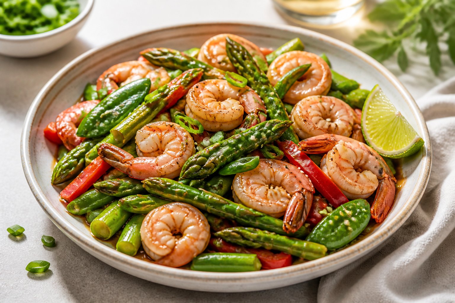 A bowl of shrimp stir-fry with asparagus and colorful summer vegetables.