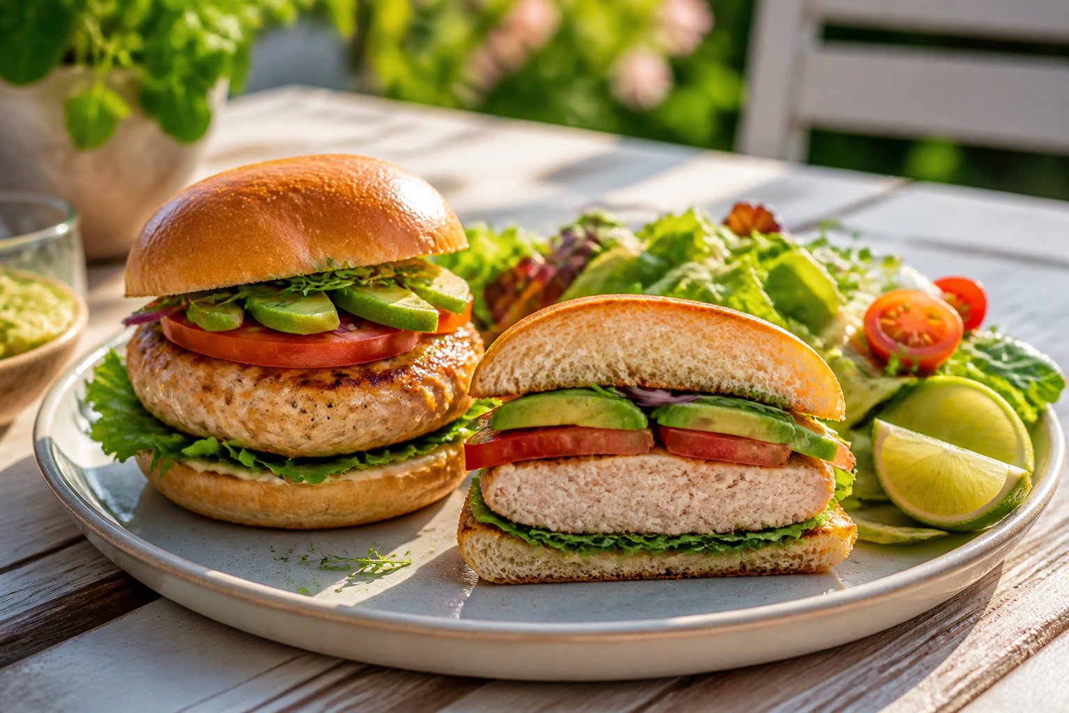 Turkey burgers topped with tomato, avocado, and lettuce served with a fresh salad on a wooden table.