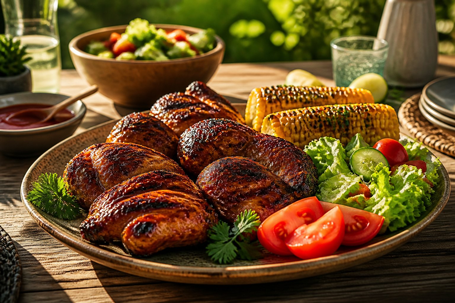 Glazed grilled chicken served with corn, salad, tomatoes, and cucumber on an outdoor table.