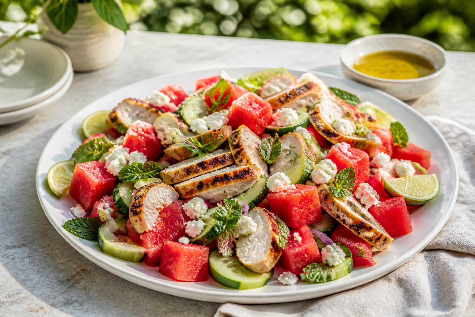 A platter of grilled chicken served over a watermelon, feta, cucumber, mint, and red onion salad.