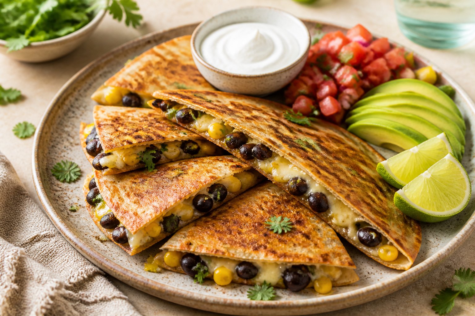 Golden black bean and sweet corn quesadilla wedges served with avocado, lime, salsa, and sour cream.