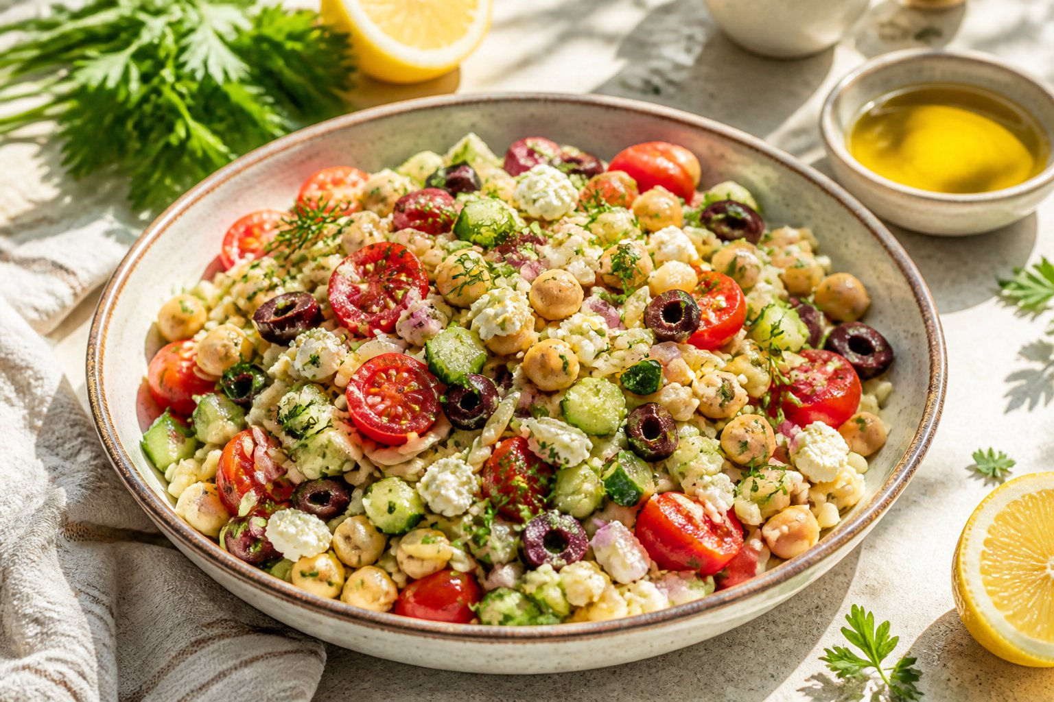 A bowl of Greek orzo salad with chickpeas, feta, vegetables, olives, and fresh herbs on a sunny table.