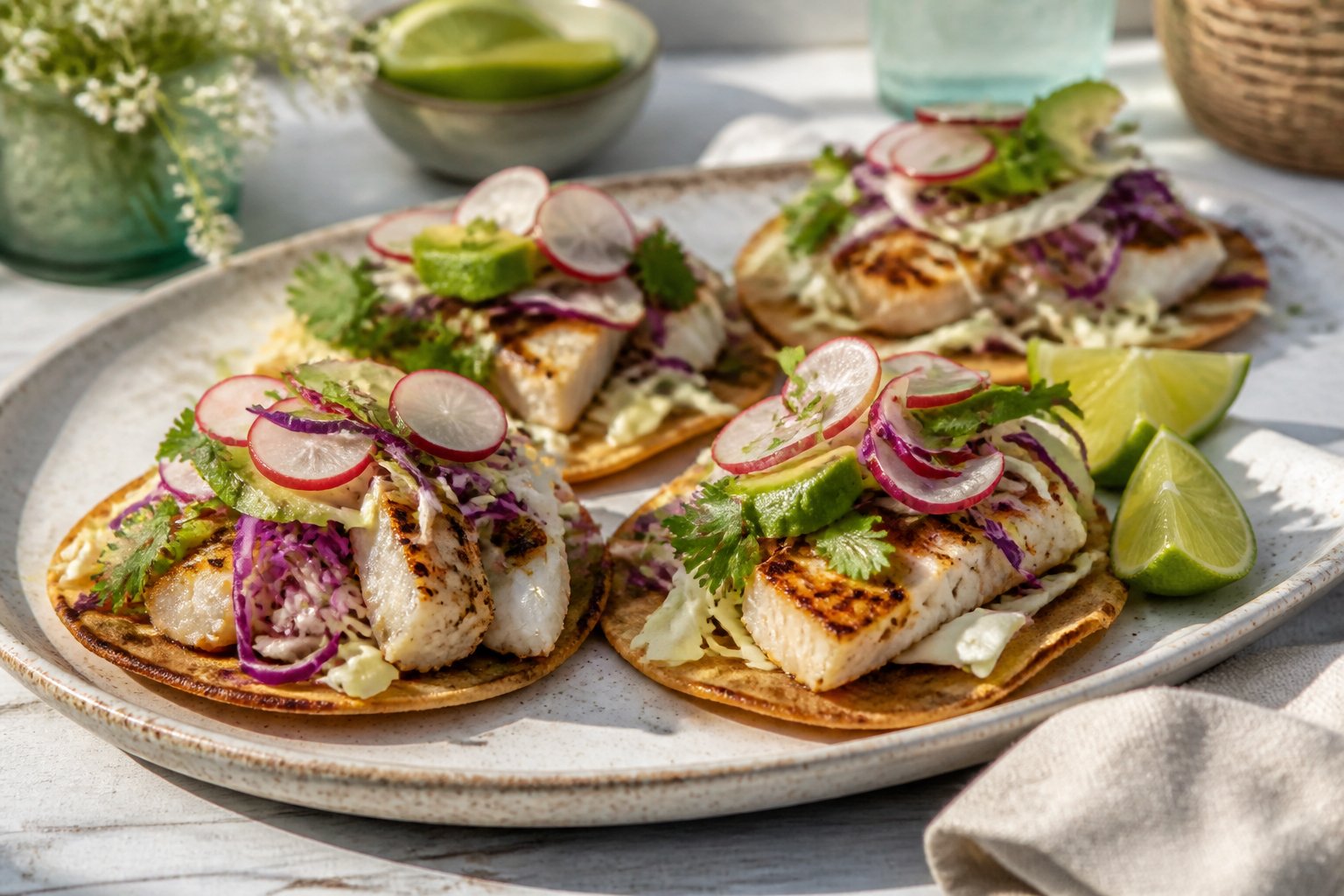 Grilled fish tostadas topped with colorful cabbage slaw, avocado, cilantro, and lime on a platter.