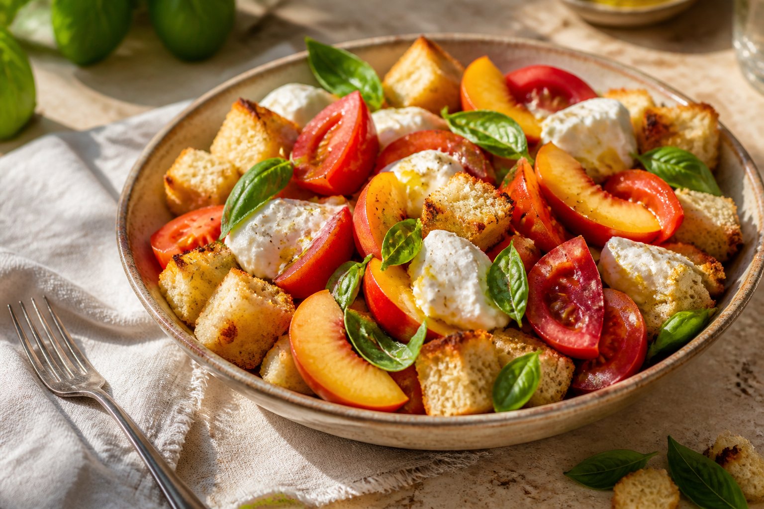 A bowl of tomato, peach, mozzarella, toasted bread, and basil salad on a sunlit table.