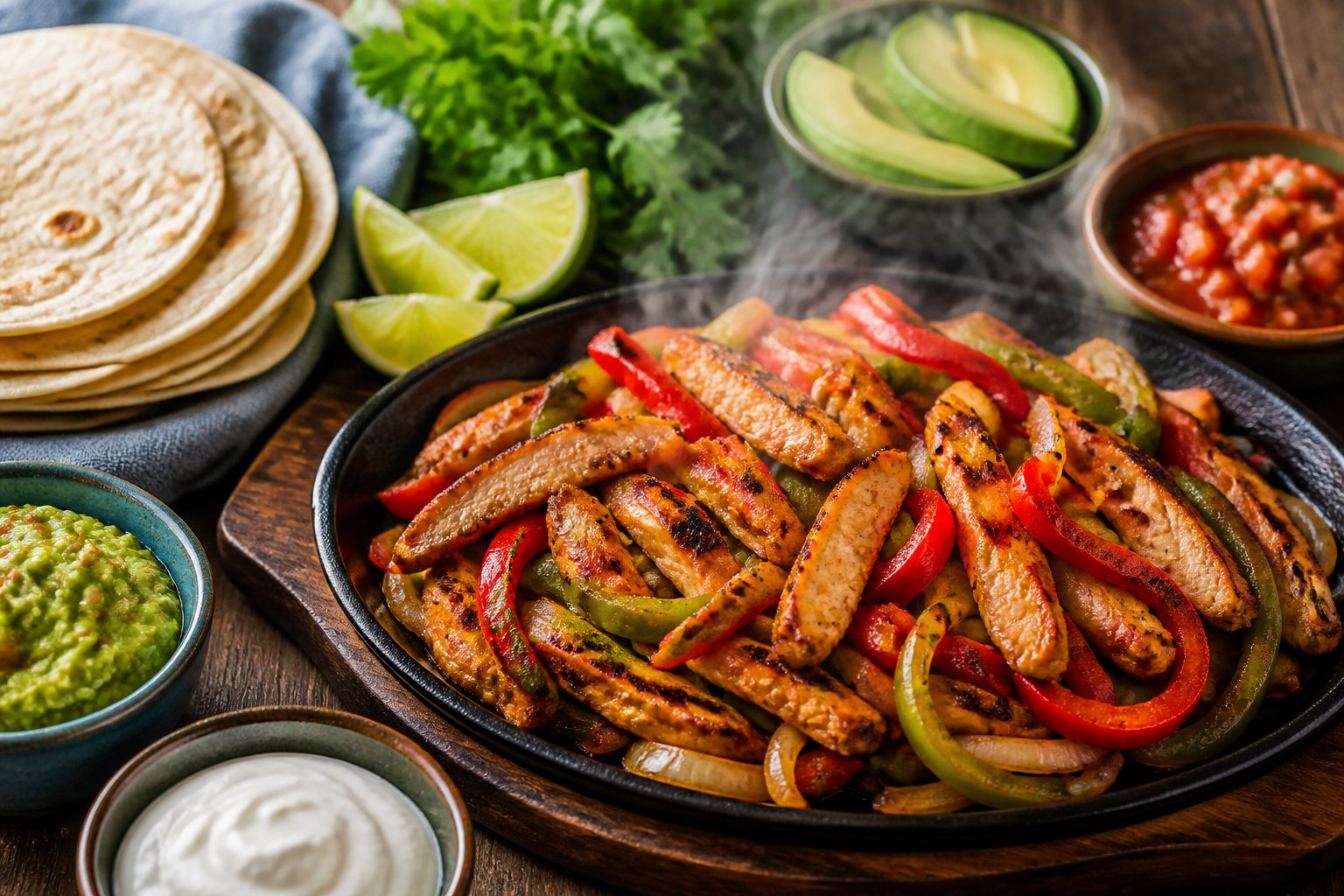 A skillet of chicken fajitas with peppers and onions surrounded by tortillas, lime, cilantro, avocado, salsa, and guacamole.