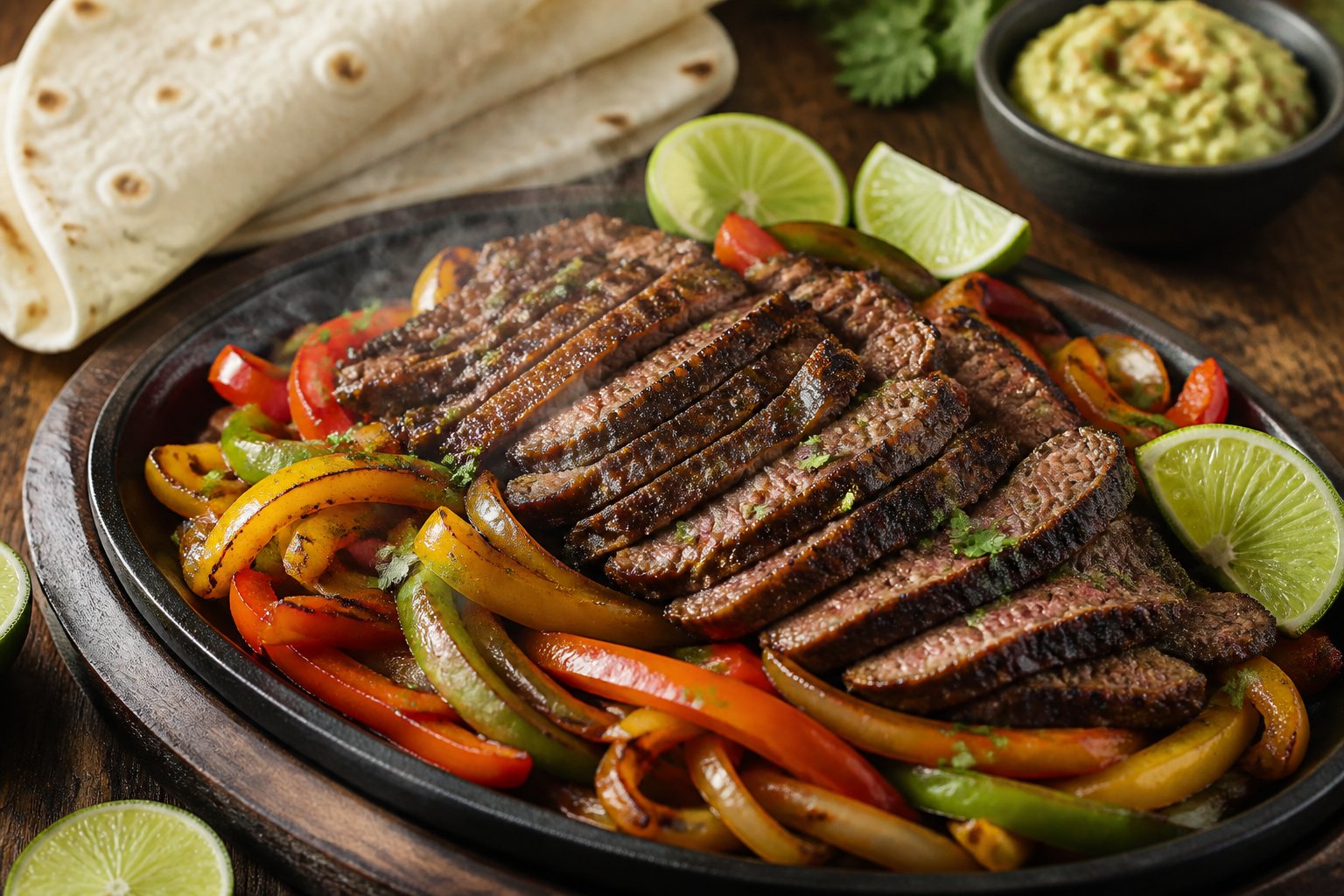 Sizzling skirt steak fajitas with colorful peppers, onions, tortillas, lime wedges, and cilantro on a serving platter.