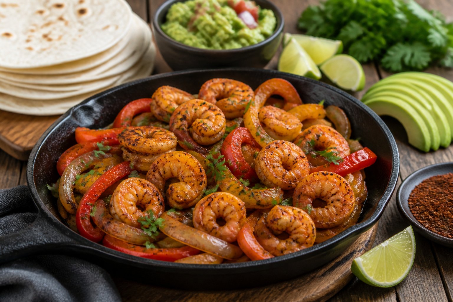 Seasoned shrimp fajitas with peppers, onions, tortillas, lime, guacamole, and cilantro served on a table.