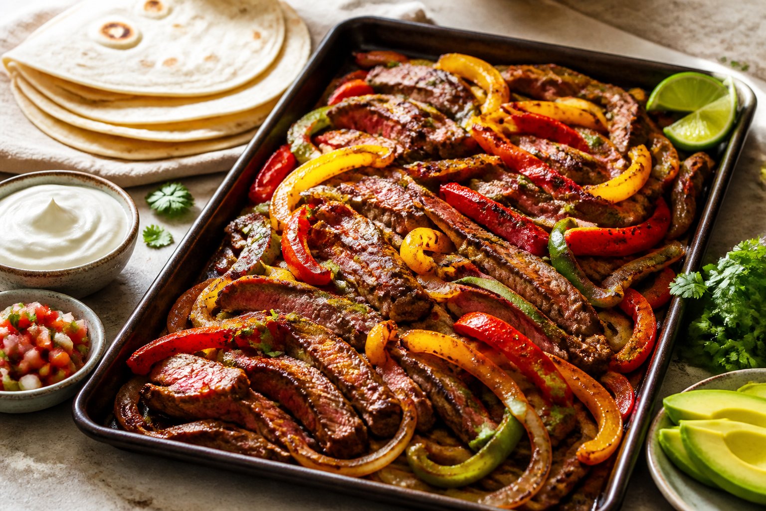 A sheet pan of sliced beef fajitas with colorful roasted peppers and onions, served with tortillas, lime, avocado, and dipping bowls.