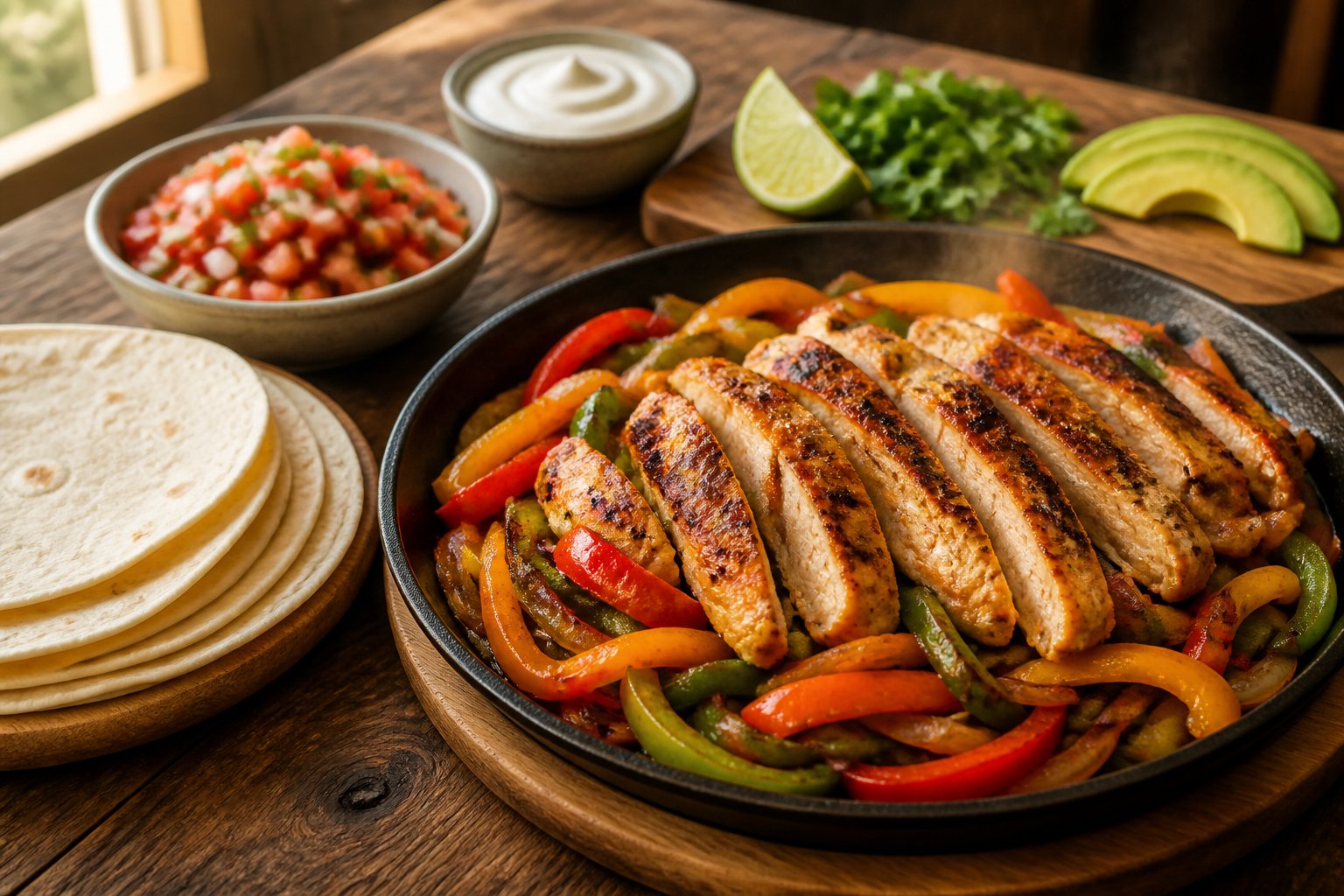 A skillet of grilled chicken fajitas with colorful bell peppers, tortillas, lime, and fresh toppings.