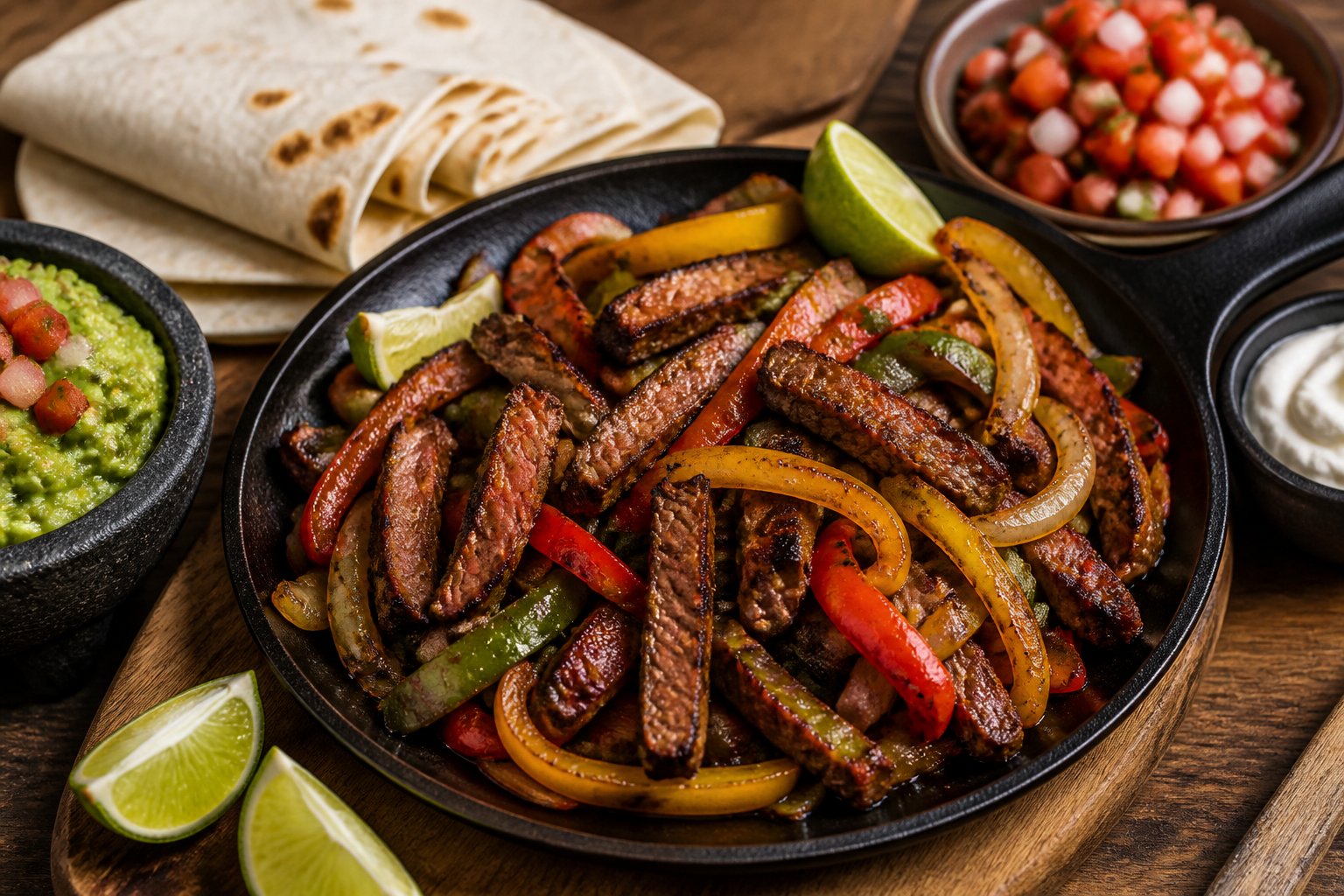 A sizzling skillet of sliced beef fajitas with peppers, onions, lime wedges, and tortillas.