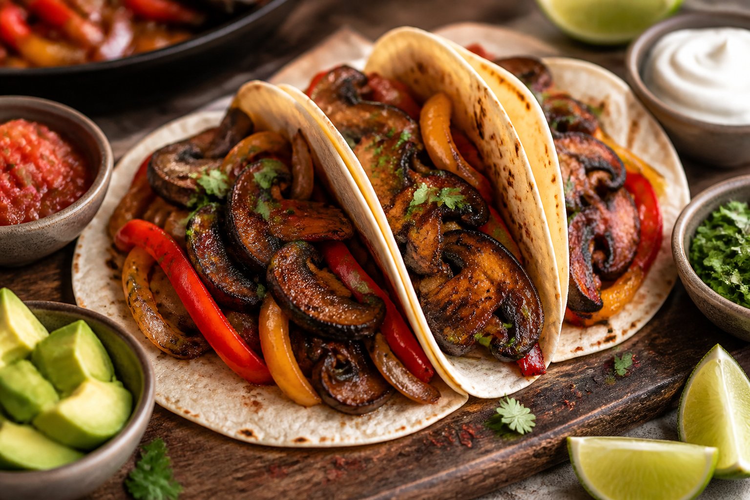 Portobello mushroom fajitas with grilled vegetables, tortillas, lime, avocado, and fresh toppings arranged on a serving platter.