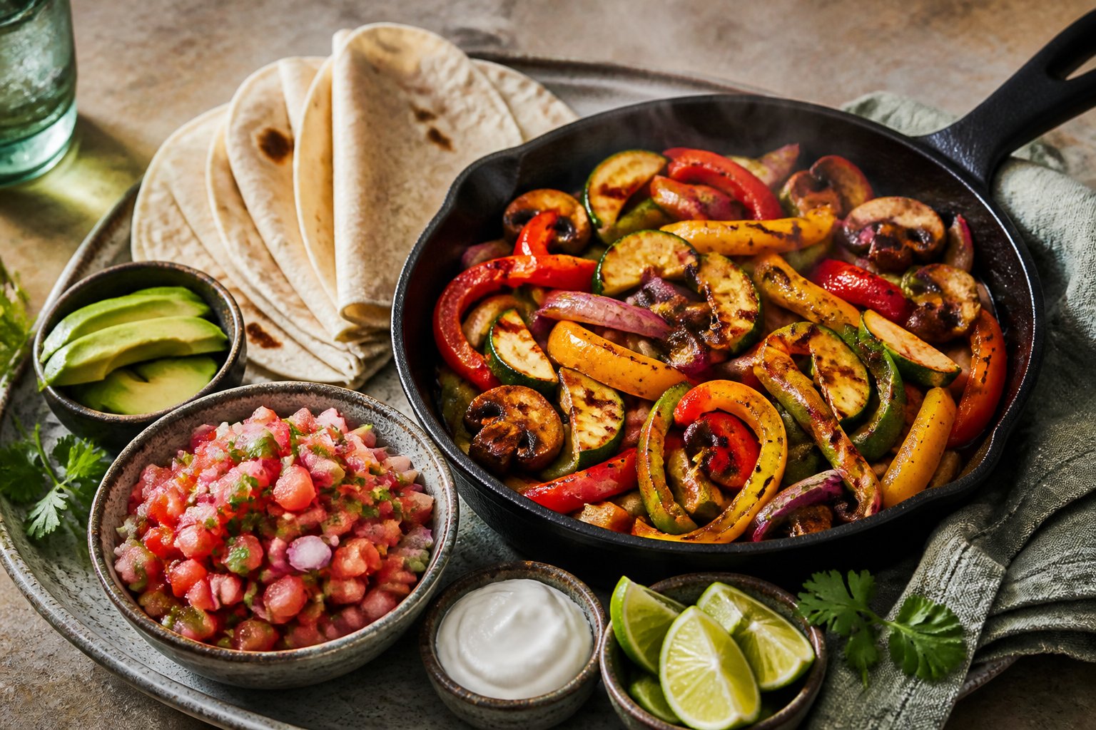 A platter of grilled vegetable fajitas with tortillas, fresh pico de gallo, lime wedges, and avocado.