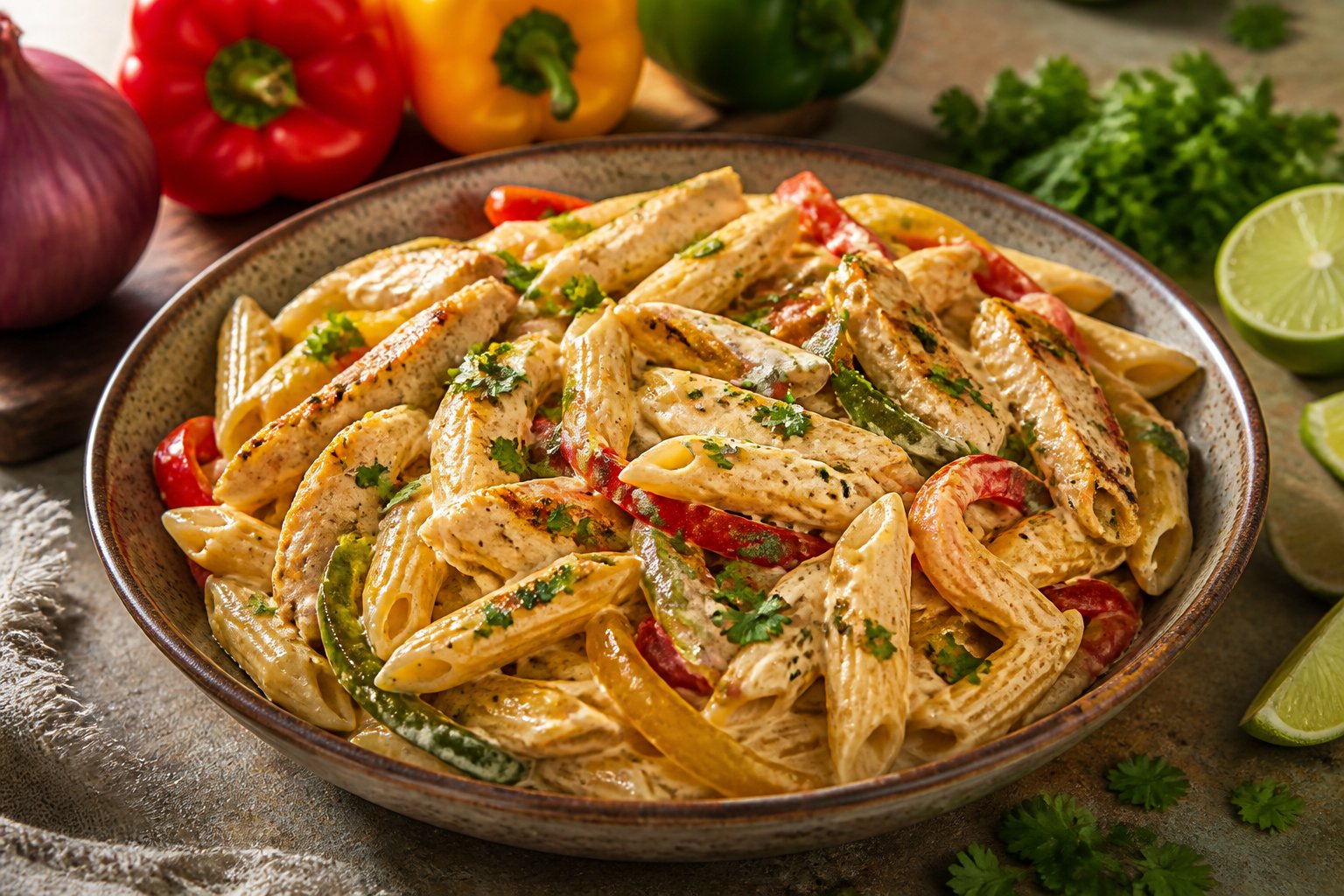 A bowl of creamy chicken fajita pasta with sliced chicken, colorful peppers, onions, and cilantro.