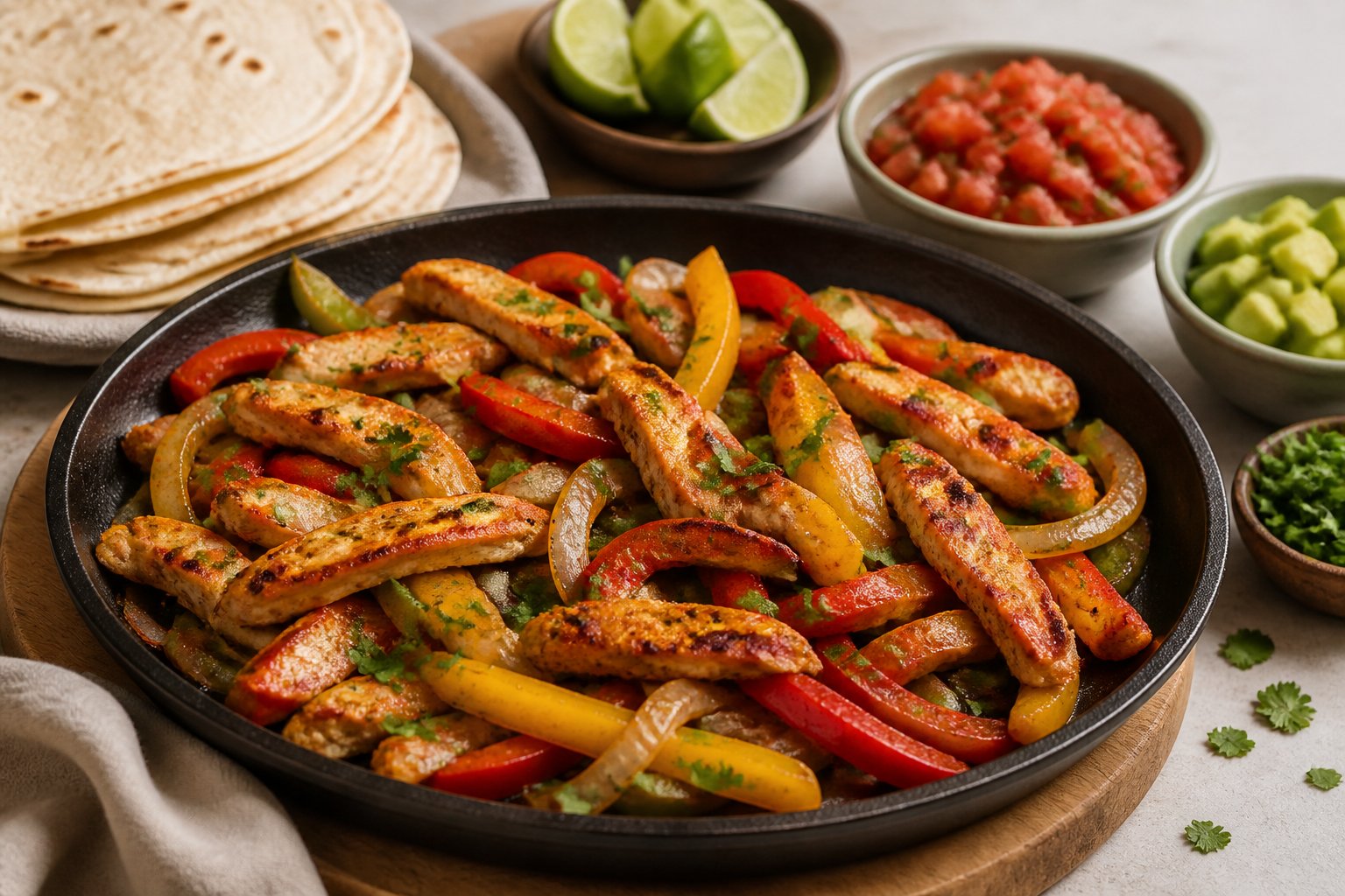 A serving of chicken fajitas with colorful peppers, onions, tortillas, lime, cilantro, salsa, and avocado.