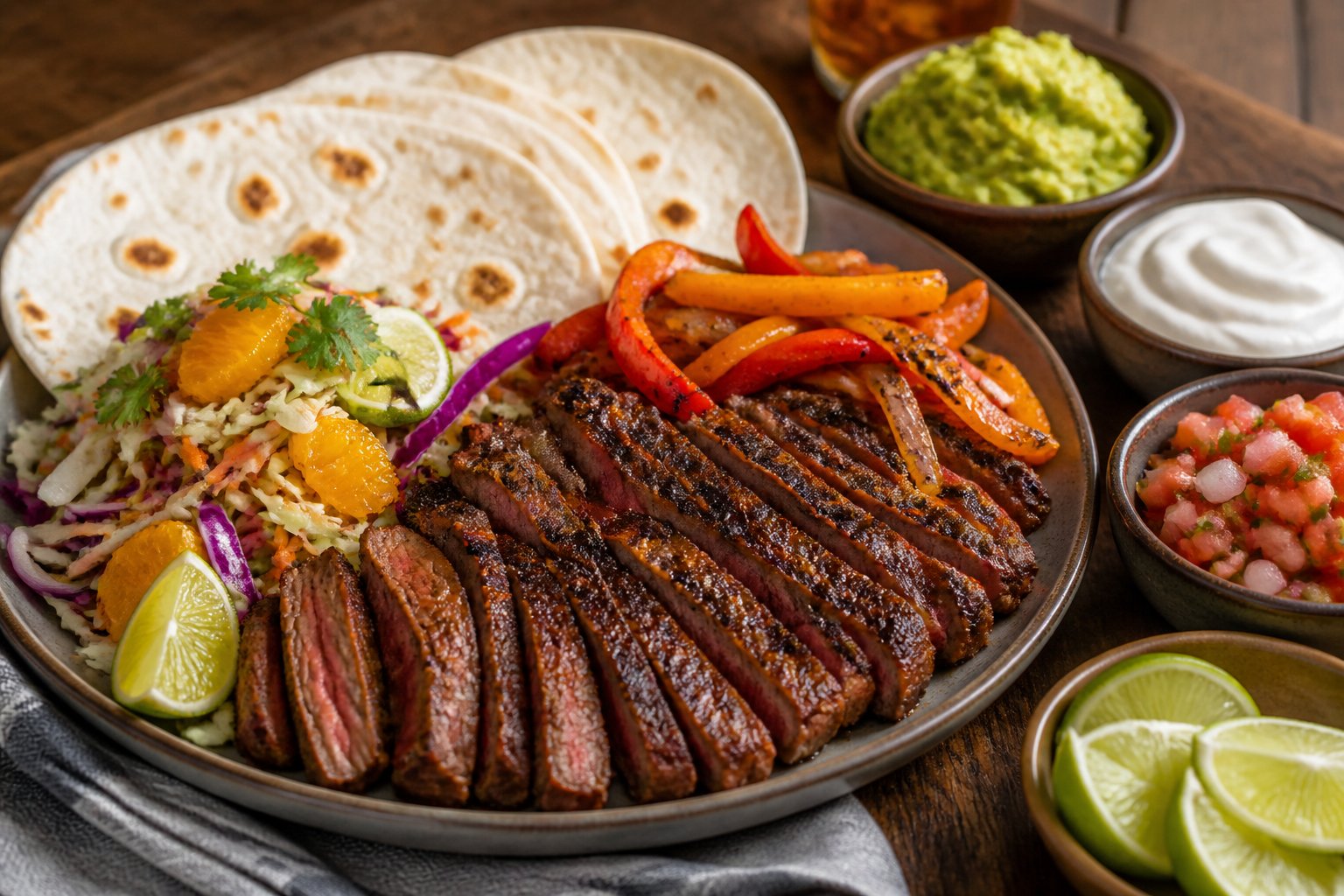 A plate of chipotle-seasoned steak fajitas with tortillas, colorful citrus slaw, and assorted toppings.