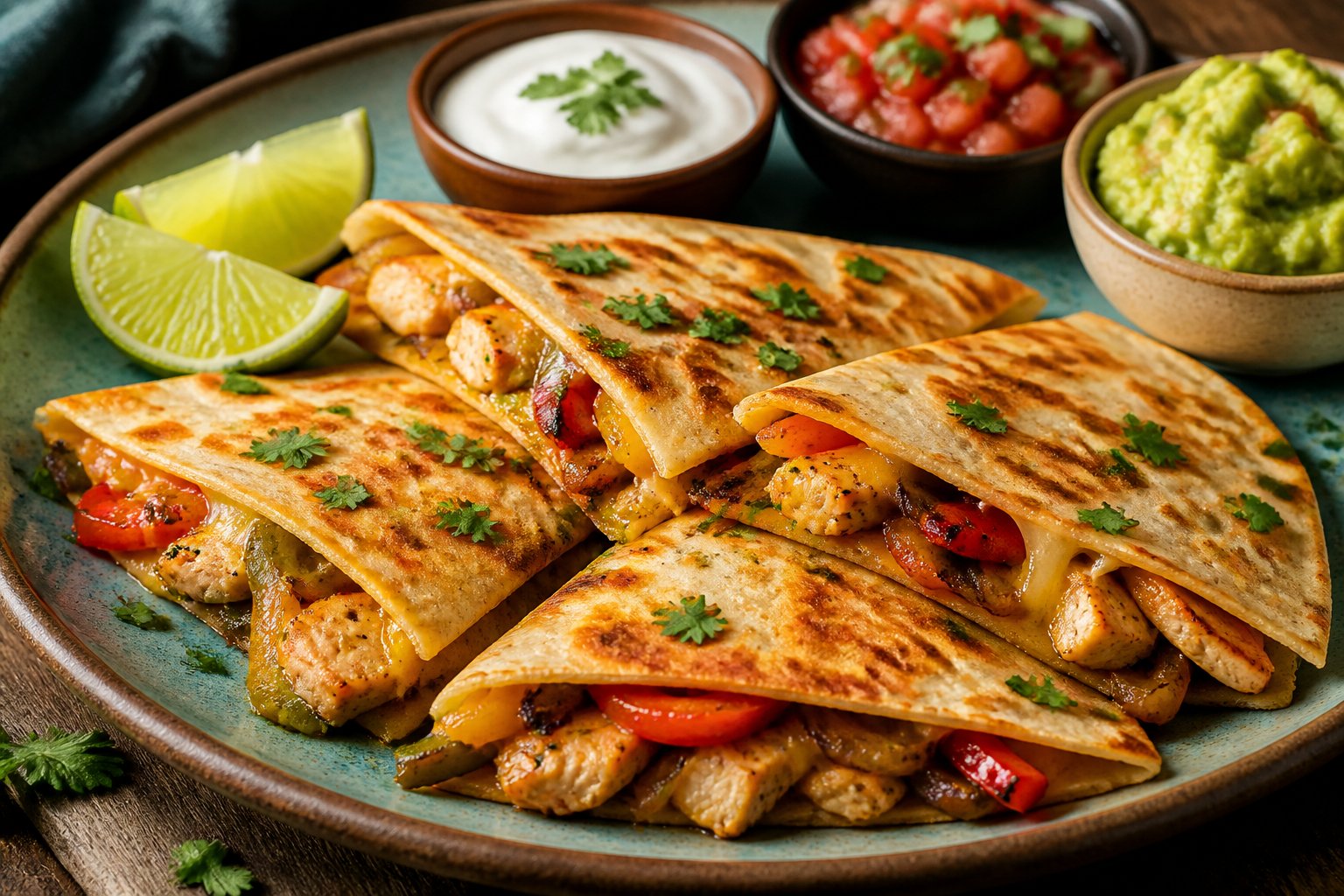 Golden chicken fajita quesadilla wedges with peppers, onions, melted cheese, salsa, guacamole, and lime.