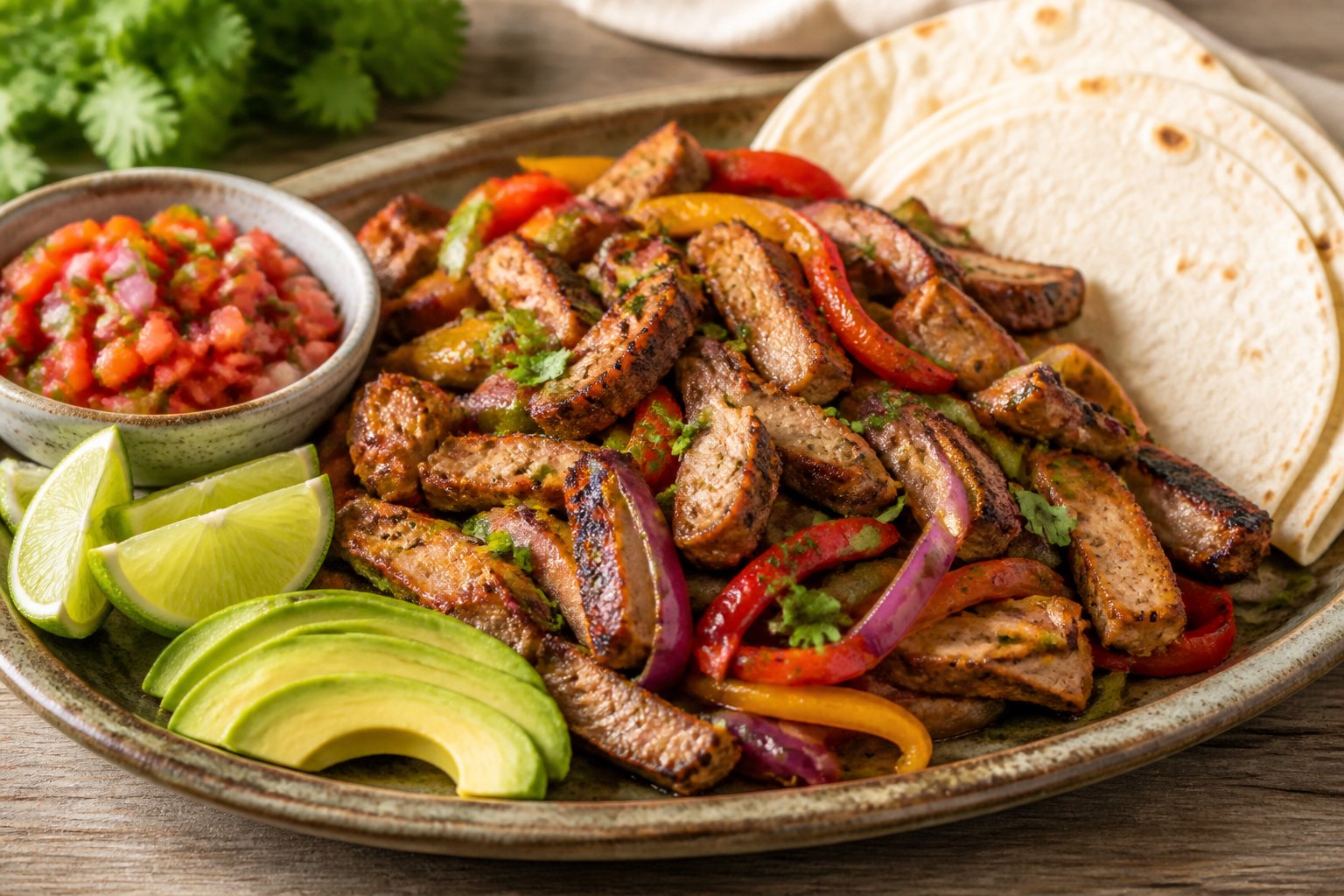 Pork tenderloin fajitas with red onions, peppers, tortillas, salsa, lime, and cilantro on a serving platter.