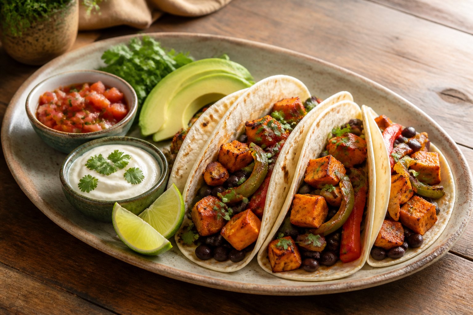 A platter of black bean and sweet potato fajitas with peppers, onions, avocado, cilantro, salsa, and lime wedges.