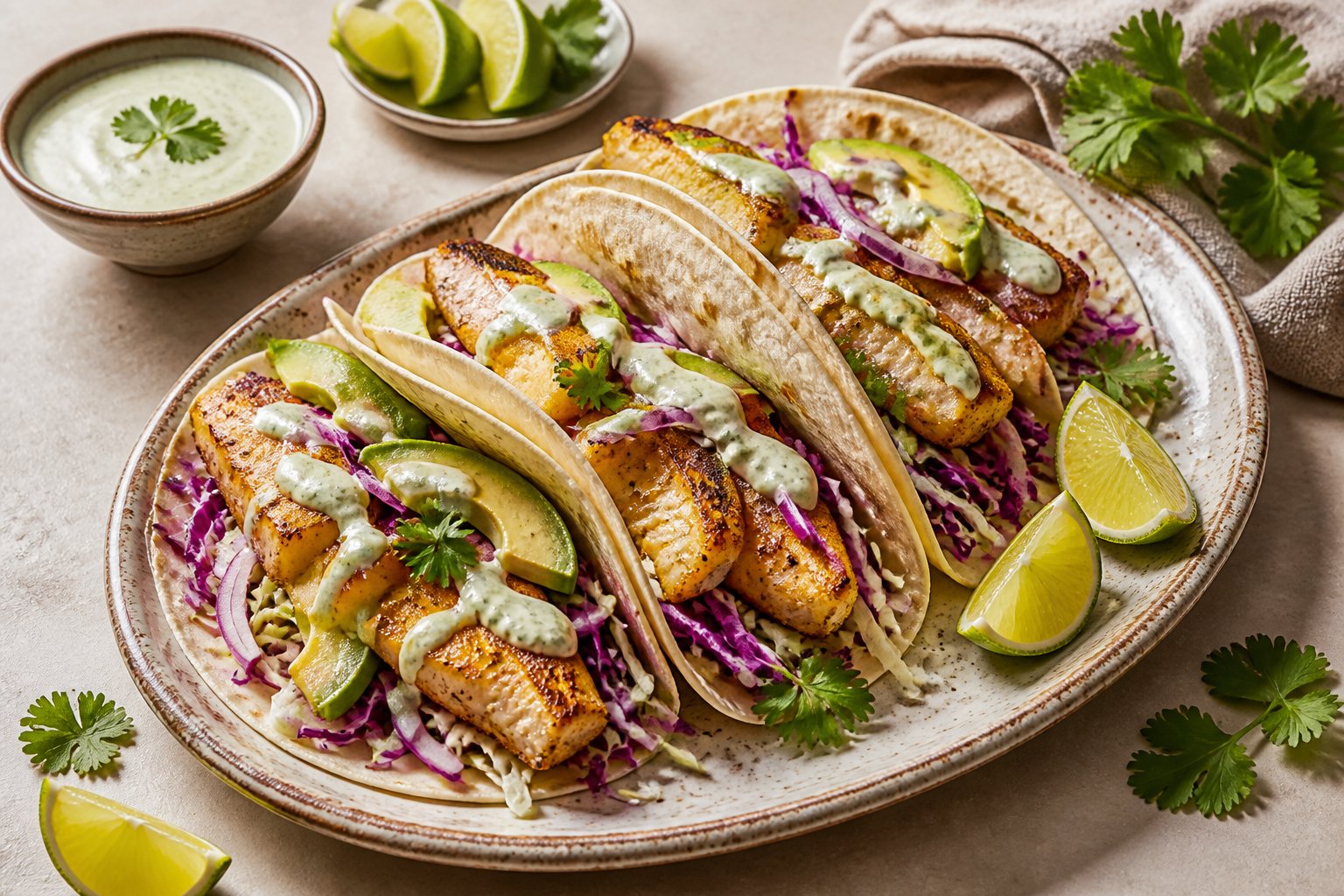 Fish fajitas with shredded cabbage, lime crema, avocado, cilantro, and lime wedges served on a platter.