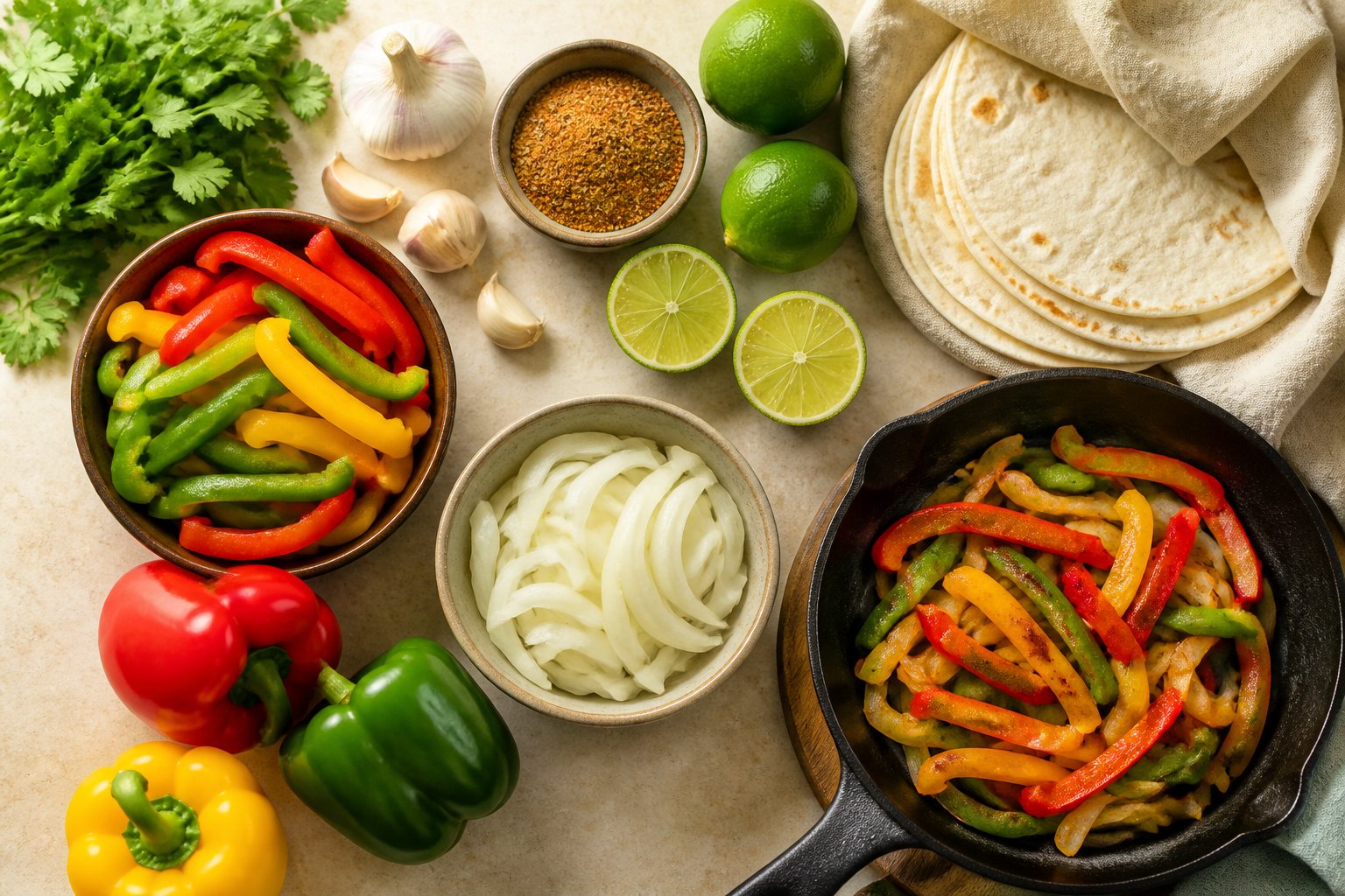 Fresh peppers, onions, spices, limes, cilantro, and tortillas arranged for making fajitas.