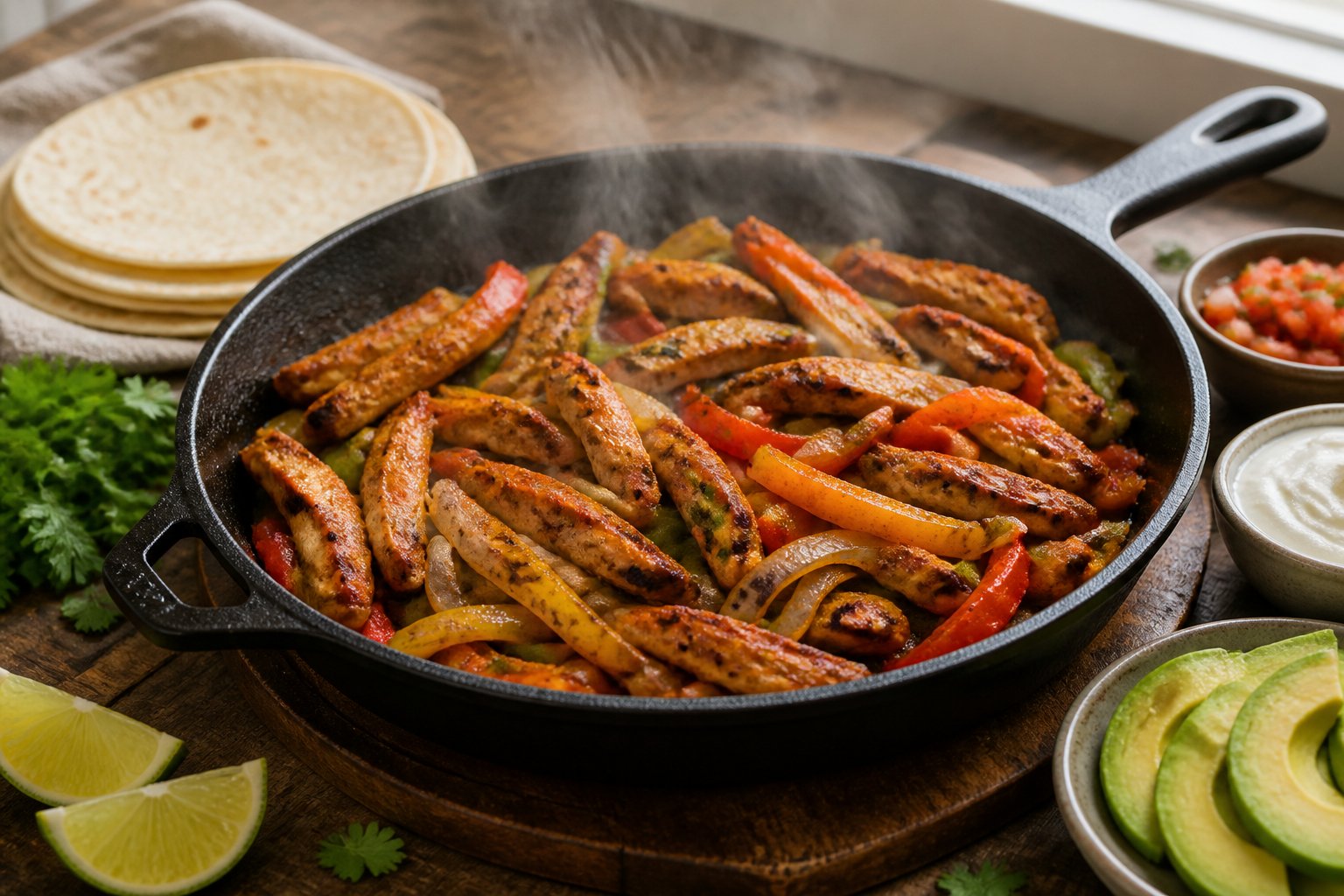 A sizzling skillet of seared meat, colorful peppers, and onions served with tortillas, lime, avocado, and salsa.