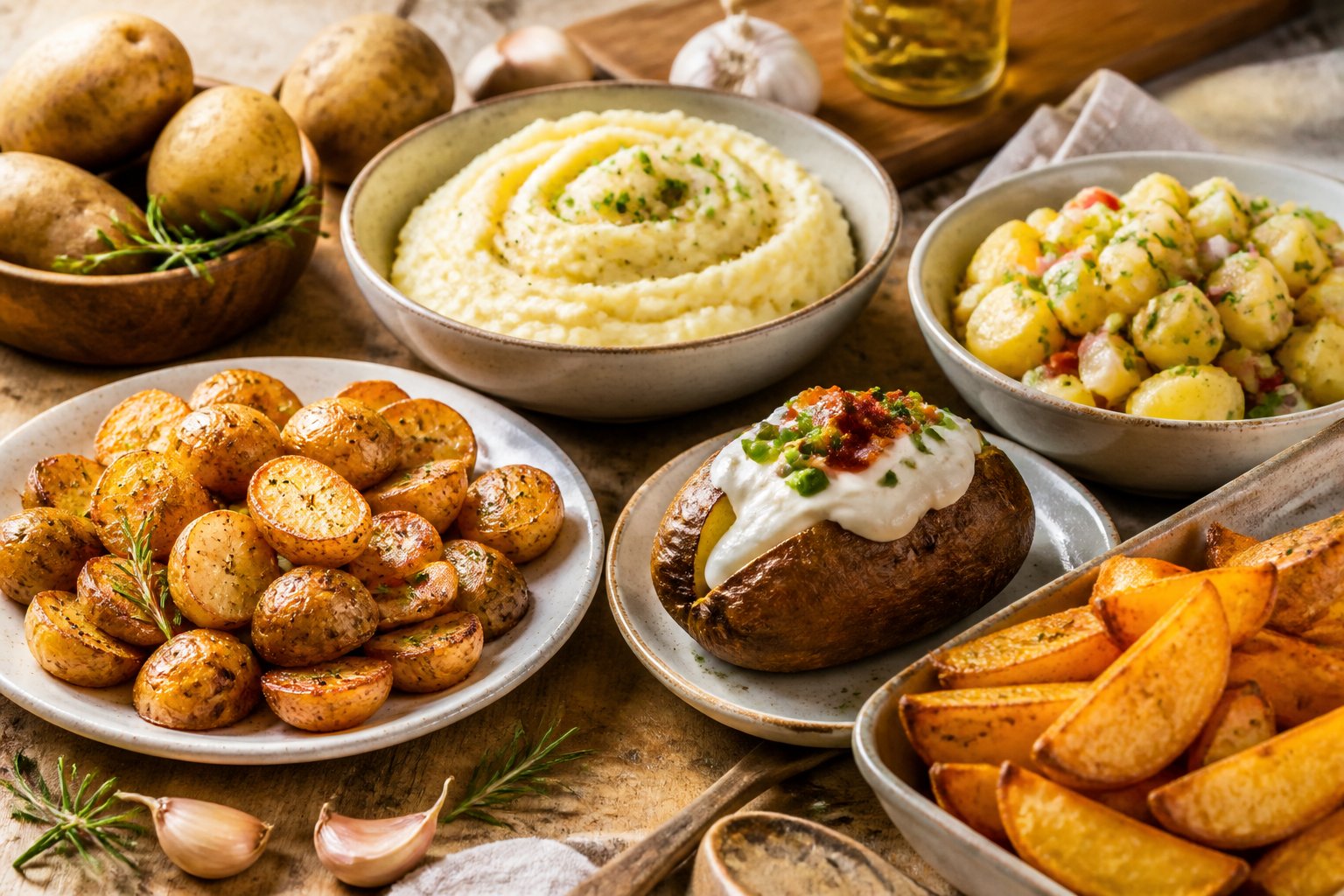 An assortment of potato dishes arranged on a wooden table, including roasted potatoes, mashed potatoes, wedges, a stuffed potato, and potato salad.