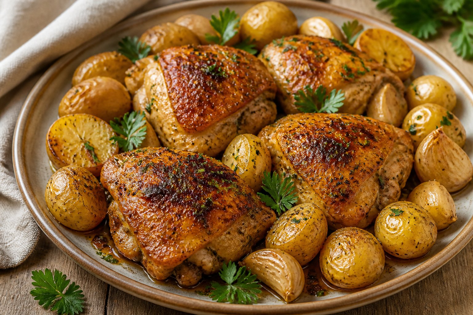 Garlic butter chicken thighs served with golden baby potatoes and fresh parsley.