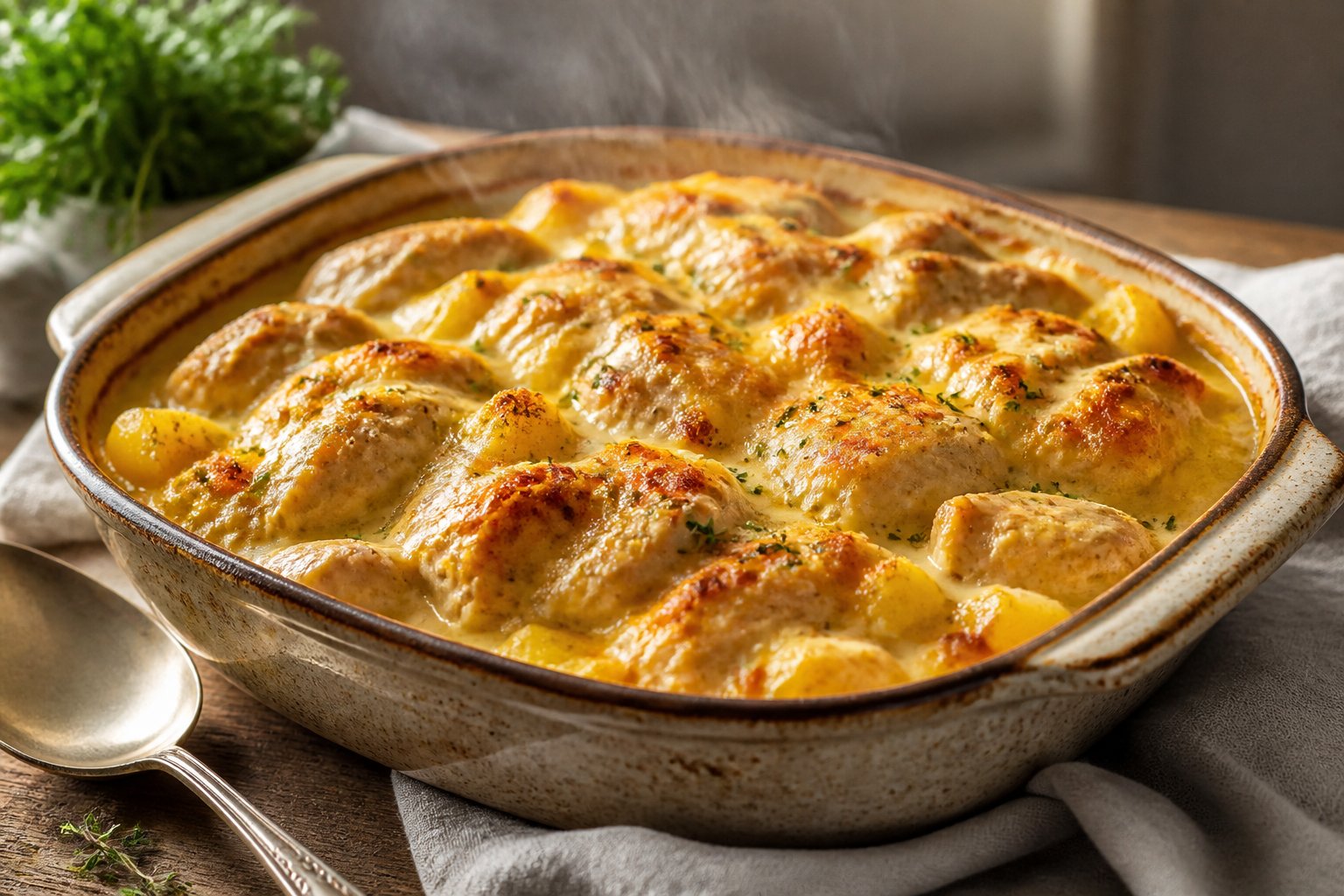 A golden creamy chicken and potato casserole in a ceramic baking dish, garnished with herbs.