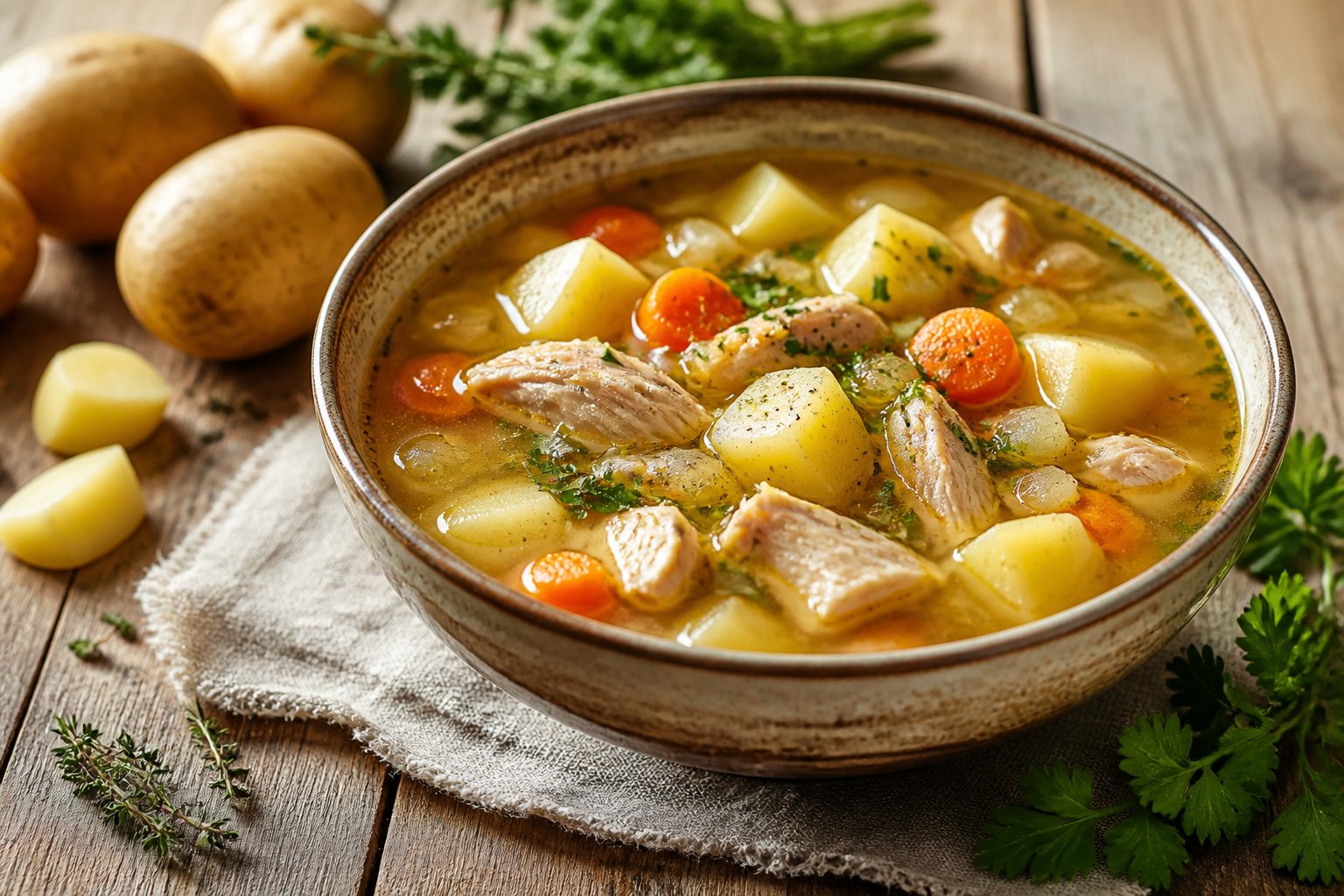 A bowl of chicken and potato soup with vegetables and herbs on a wooden table.