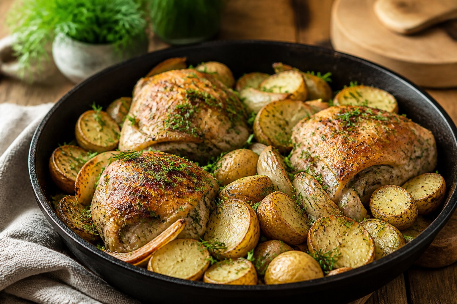 A skillet filled with roasted ranch chicken, golden potatoes, onions, and fresh herbs.