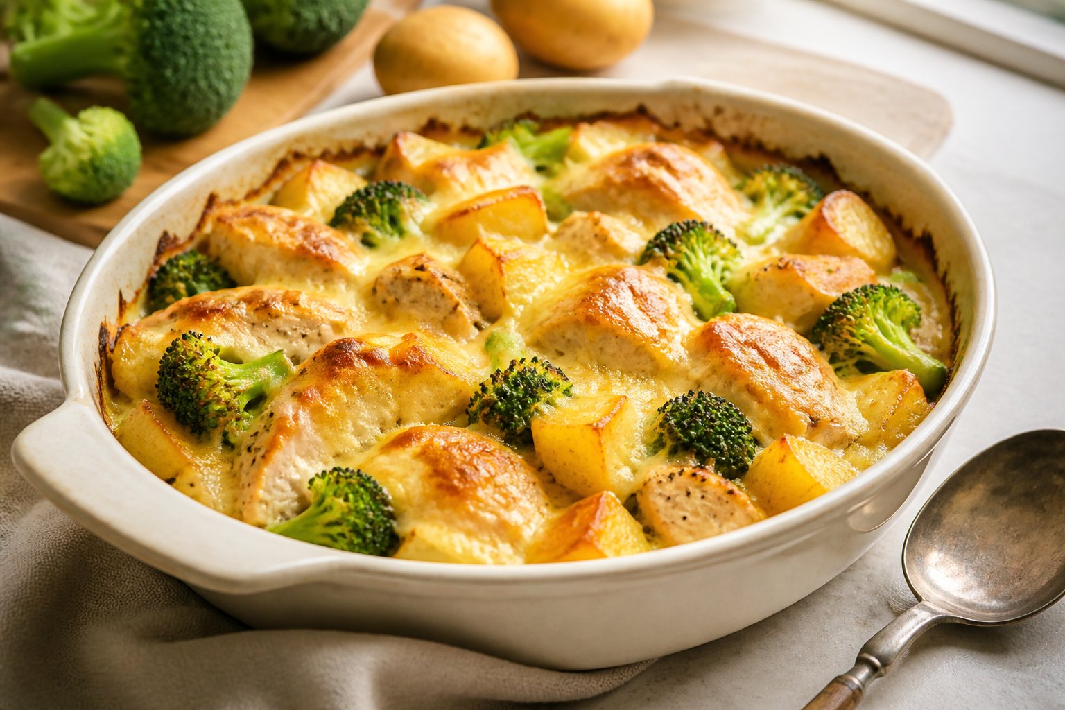 A cheesy chicken, potato, and broccoli bake in a ceramic casserole dish.