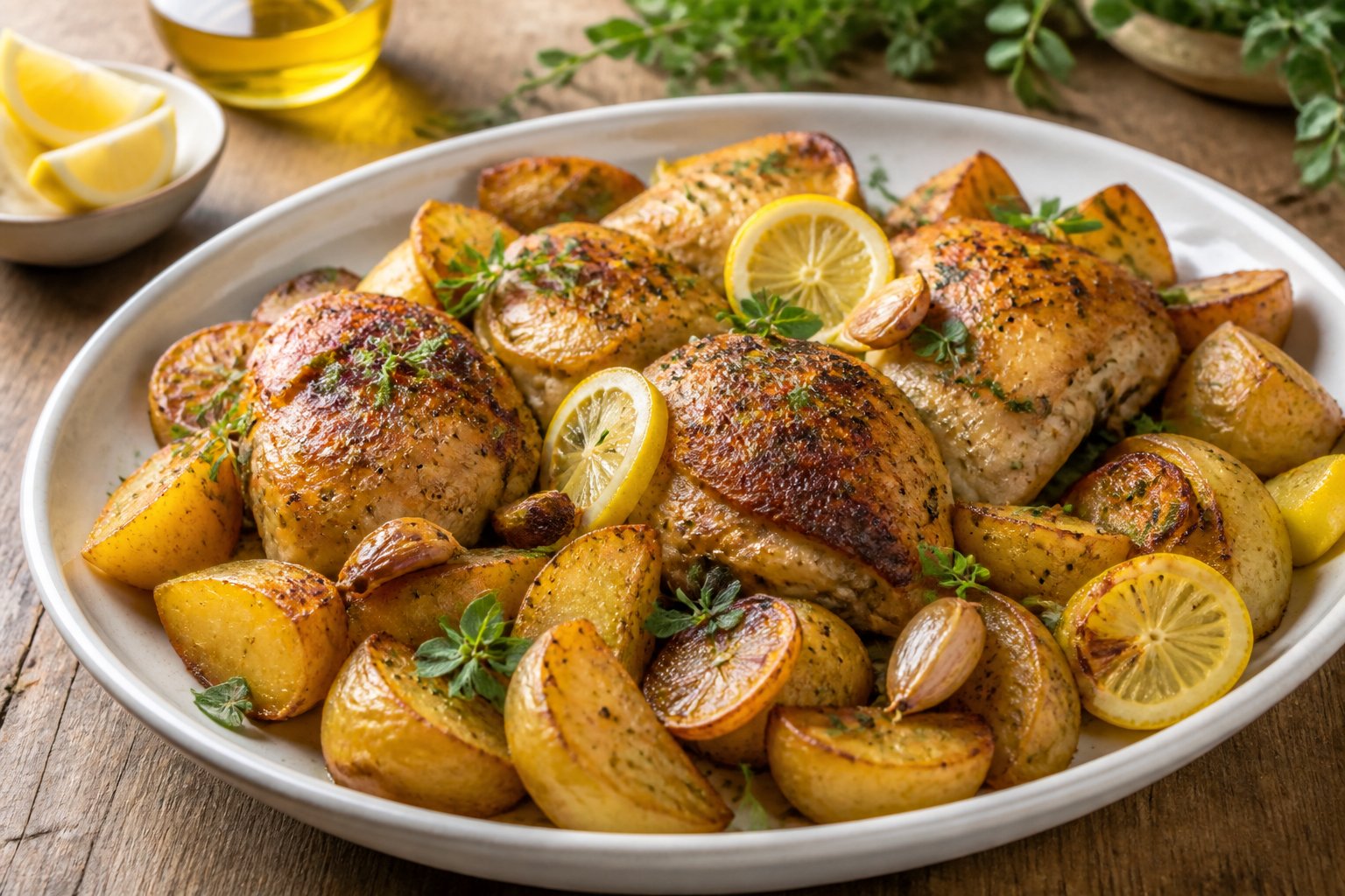 Greek lemon chicken served with golden roasted potatoes, lemon slices, and fresh herbs on a ceramic platter.