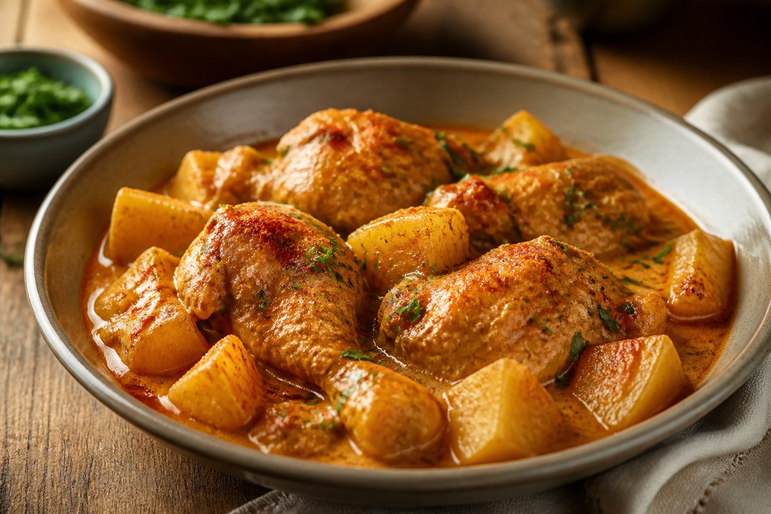 A bowl of creamy chicken paprikash with potatoes garnished with parsley.