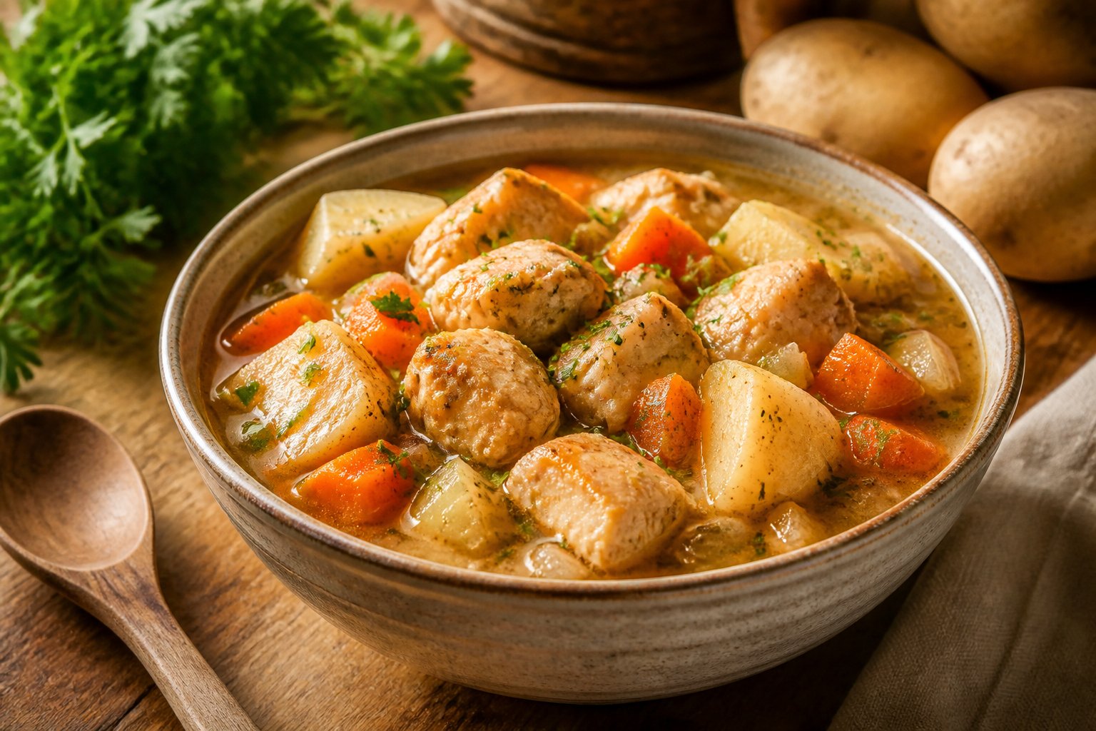 A bowl of chicken and potato stew with vegetables and herbs on a wooden table.