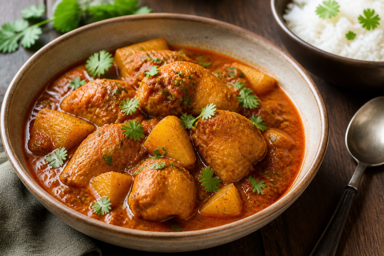 A bowl of chicken and potato curry garnished with cilantro, served beside white rice.