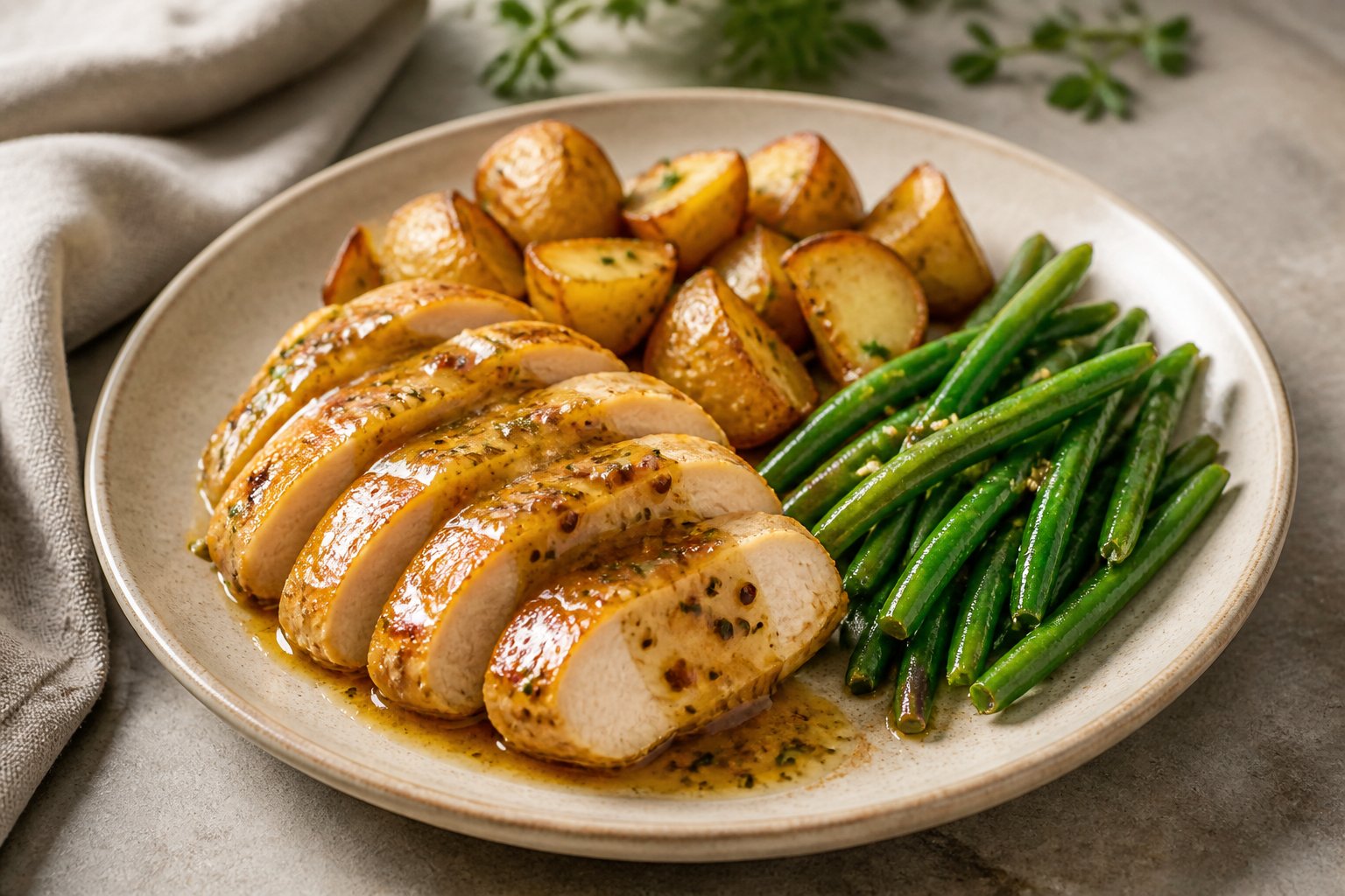 Honey mustard chicken served with roasted potatoes and green beans on a plate.