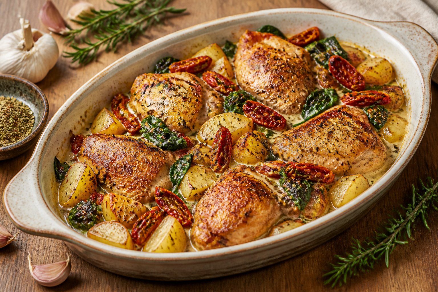 A serving dish of creamy Tuscan chicken with sun-dried tomatoes, spinach, and roasted potatoes.