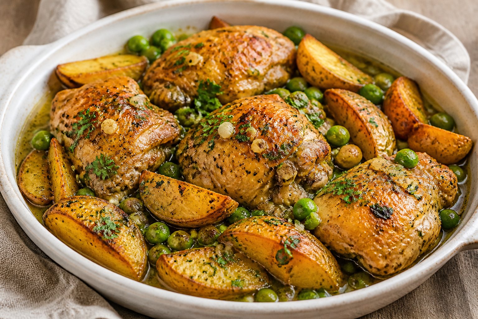 A serving dish of golden chicken with roasted potatoes and green peas in a savory sauce.