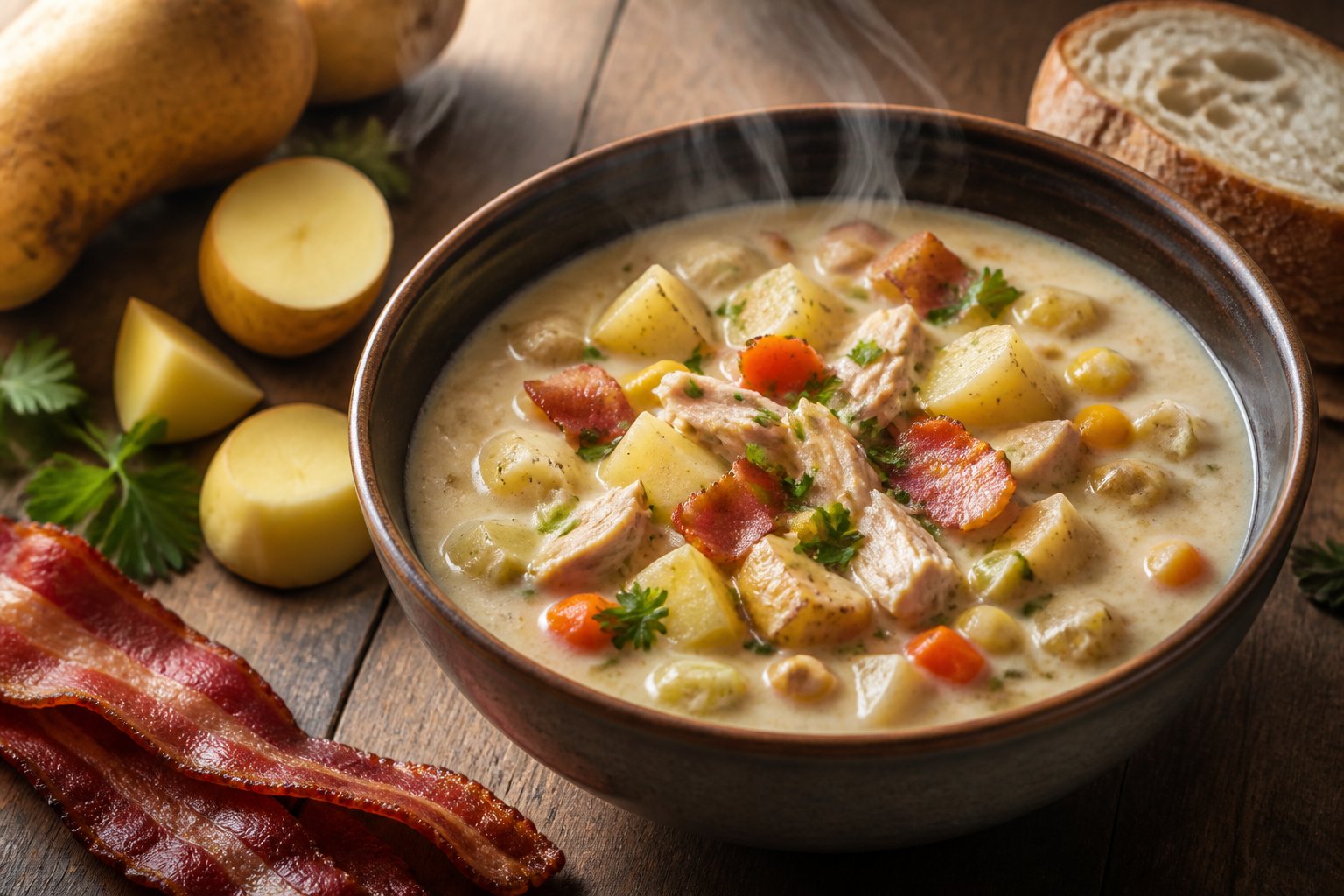 A bowl of creamy chicken, bacon, and potato chowder with vegetables, herbs, and crusty bread on a wooden table.