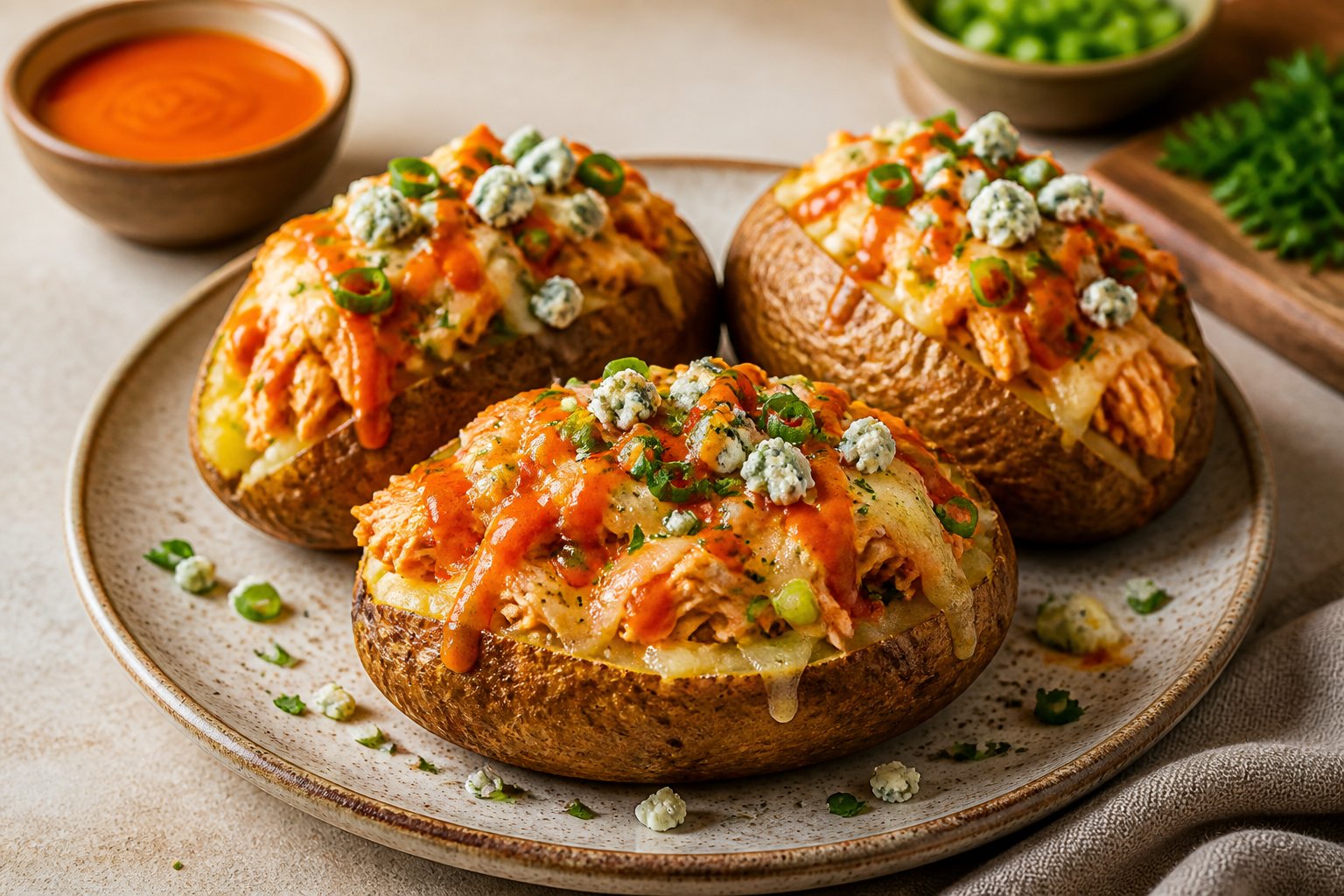 Baked potatoes filled with buffalo chicken, melted cheese, green onions, and blue cheese on a serving plate.