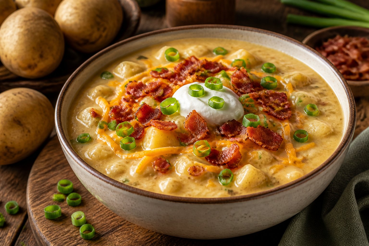 A bowl of creamy loaded potato soup topped with cheese, bacon, green onions, and sour cream on a wooden table.