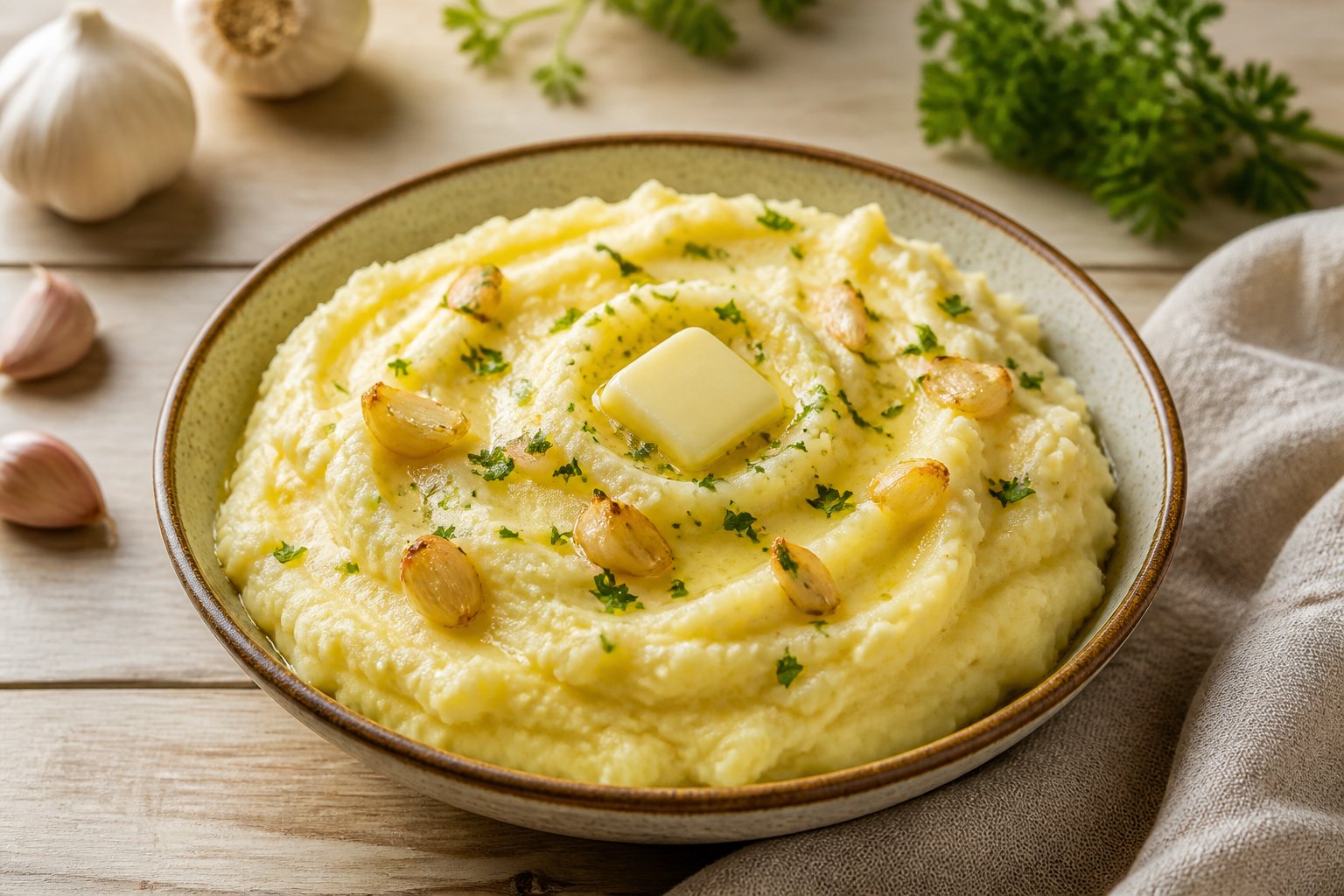 A bowl of creamy garlic mashed potatoes garnished with butter and parsley on a wooden table.