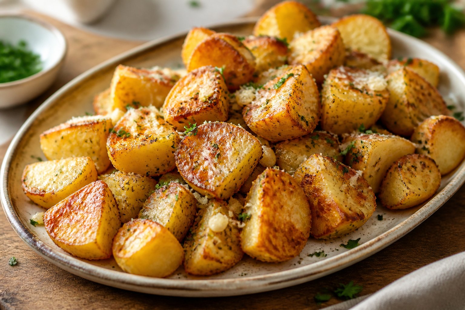 A platter of golden roasted potatoes topped with Parmesan, garlic, and parsley.