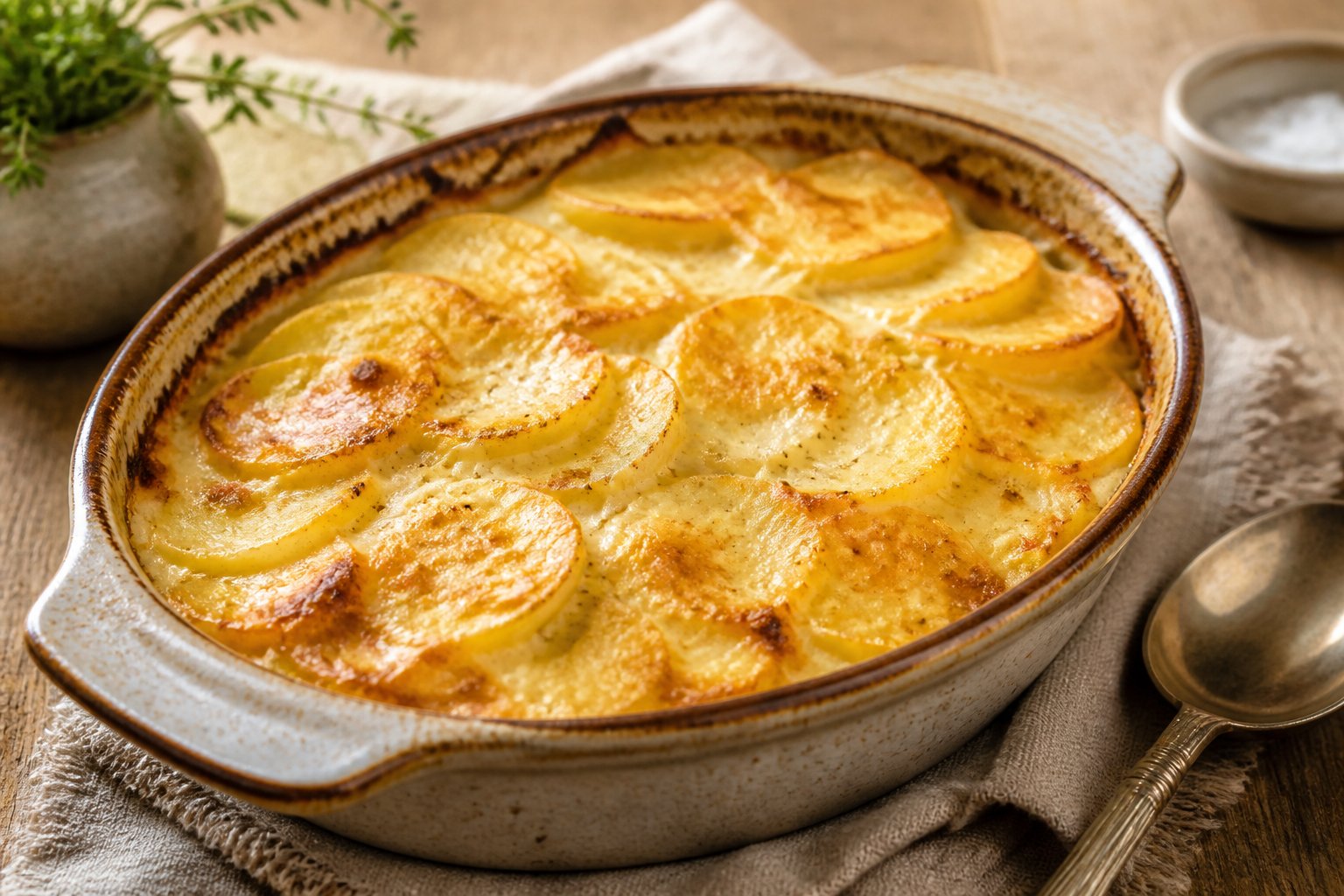 A ceramic baking dish filled with golden scalloped potatoes covered in melted cheese.