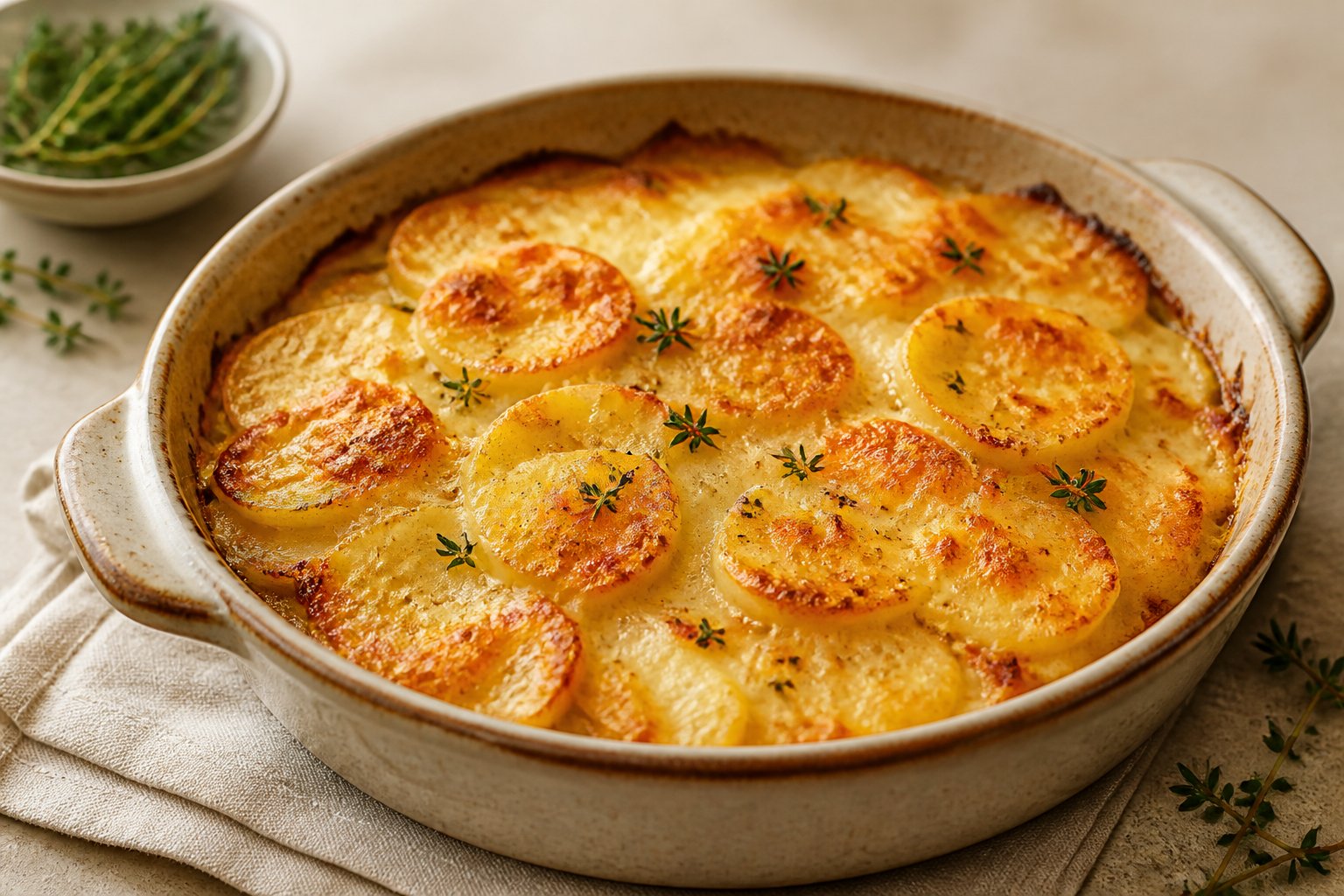 A baked dish of thinly sliced potatoes covered in melted golden cheese.