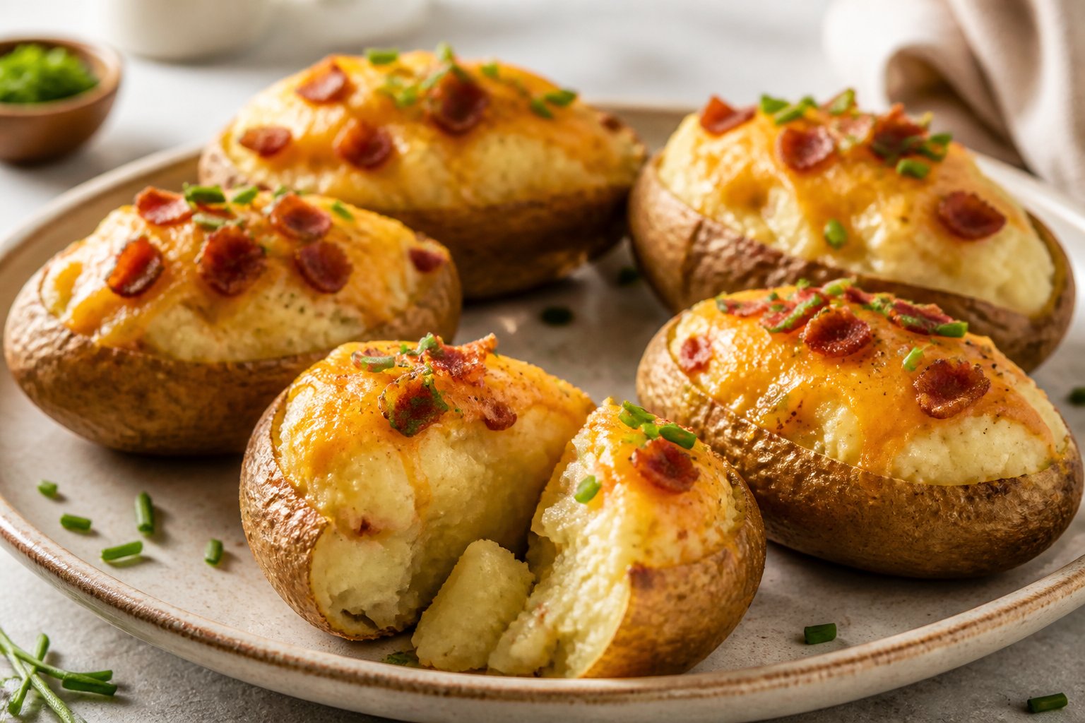 A platter of golden twice-baked potatoes topped with melted cheese, bacon, and green chives.