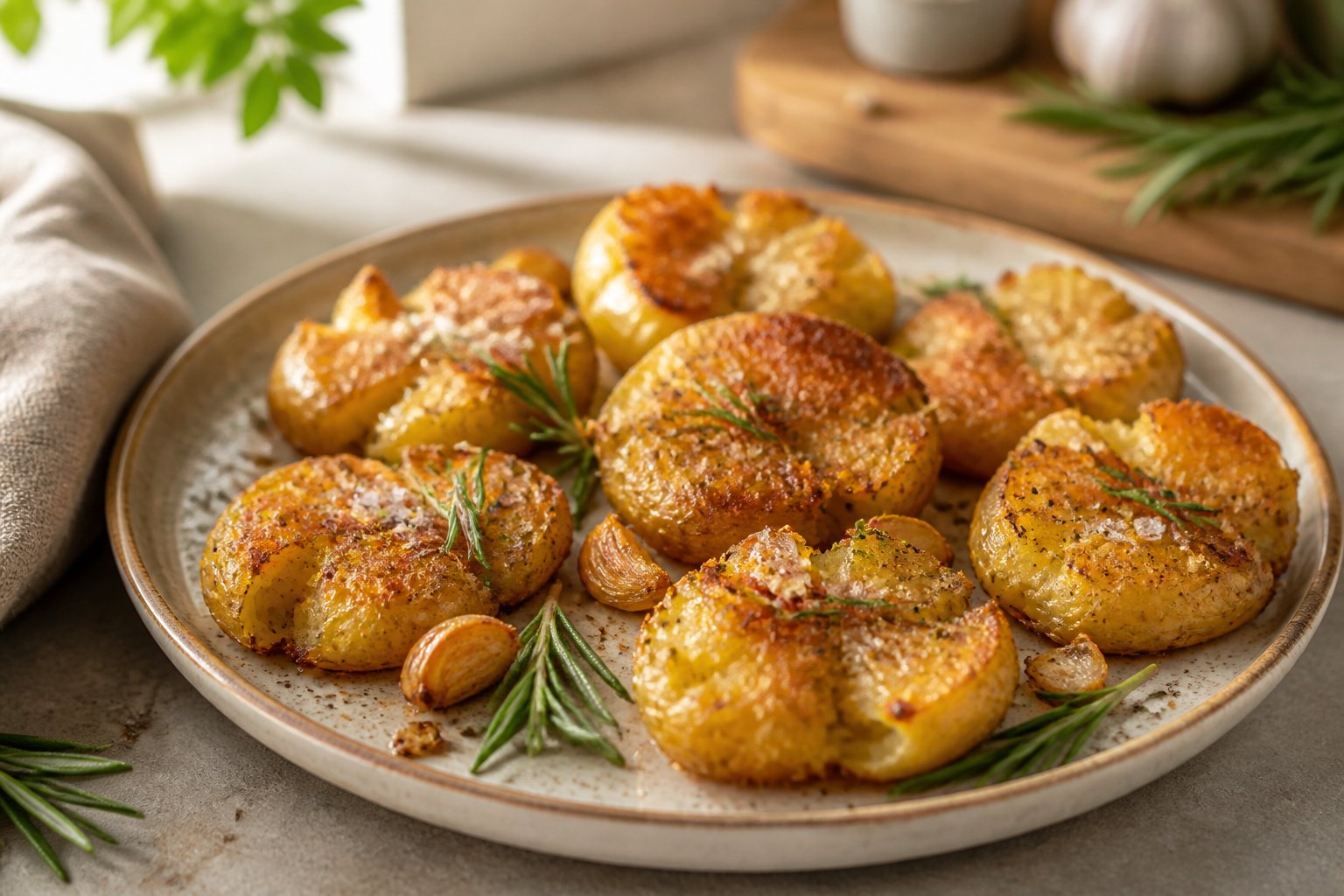 A plate of crispy smashed potatoes garnished with rosemary, garlic, pepper, and sea salt.
