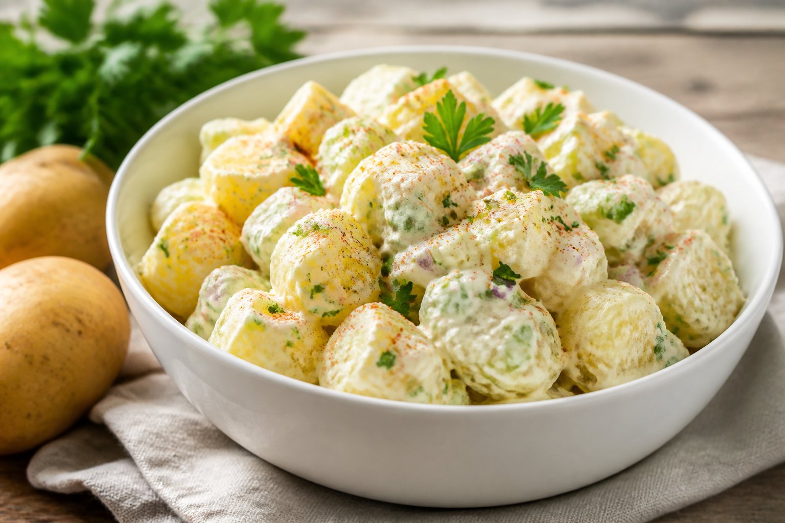 A bowl of creamy classic potato salad garnished with herbs on a kitchen table.