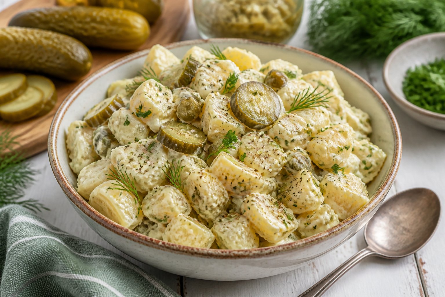 A bowl of creamy potato salad mixed with sliced pickles, pickle relish, and fresh herbs.